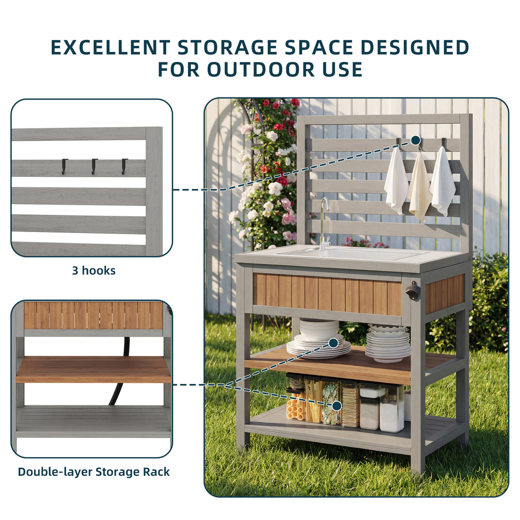 Garden cabinet with water basin & tap and integrated bottle opener – weatherproof tool cabinet with large work surface & drawer, grill station with adjustable shelves, outdoor kitchen cabinet