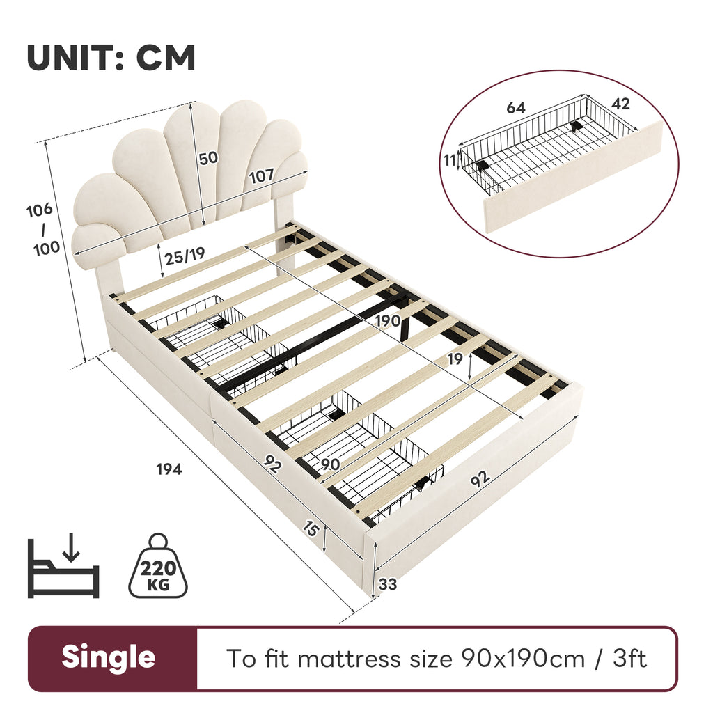 3ft Single Upholstered Bed with Adjustable Chic Petal Headboard, Soft Velvet Bed Frame with 2 Storage Drawers, Petal Bed with Solid Wood Slat, No Box Spring Needed, Easy Assembly, Beige (No Mattress)