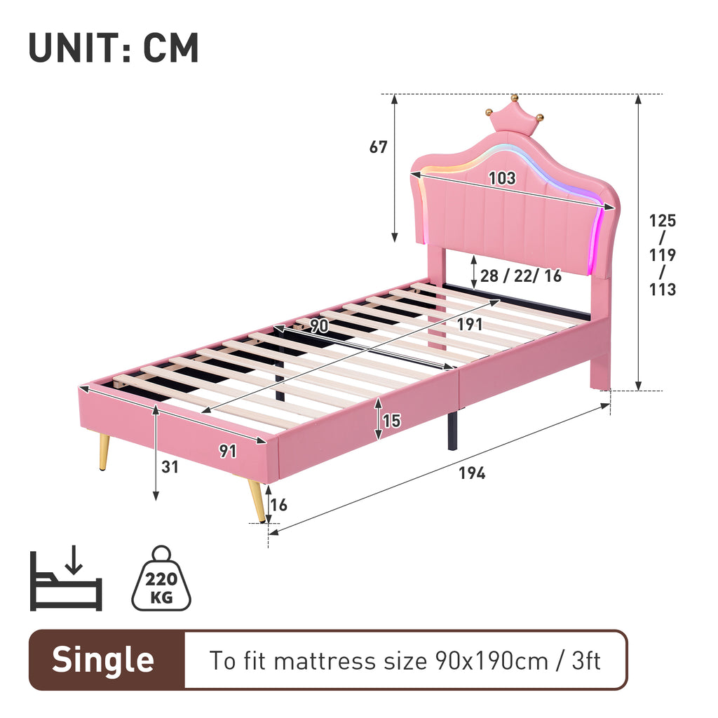 3ft Single Upholstered Bed with LED Adjustable Crown Shape Headboard, PU Leather Bed Frame with Solid Wood Slat, No Box Spring Needed, Easy Assembly, Pink (No Mattress)