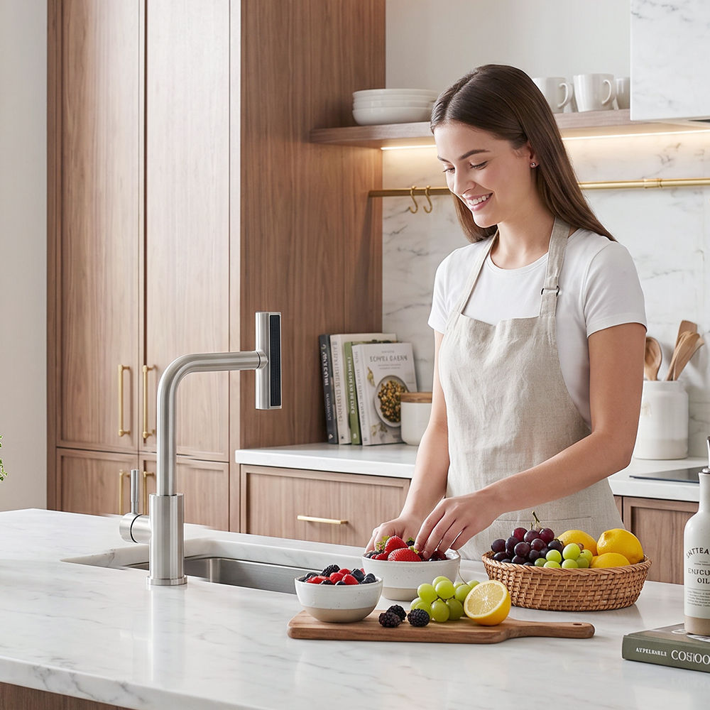 Brushed Stainless Waterfall Pull-Out Kitchen Mixer Tap