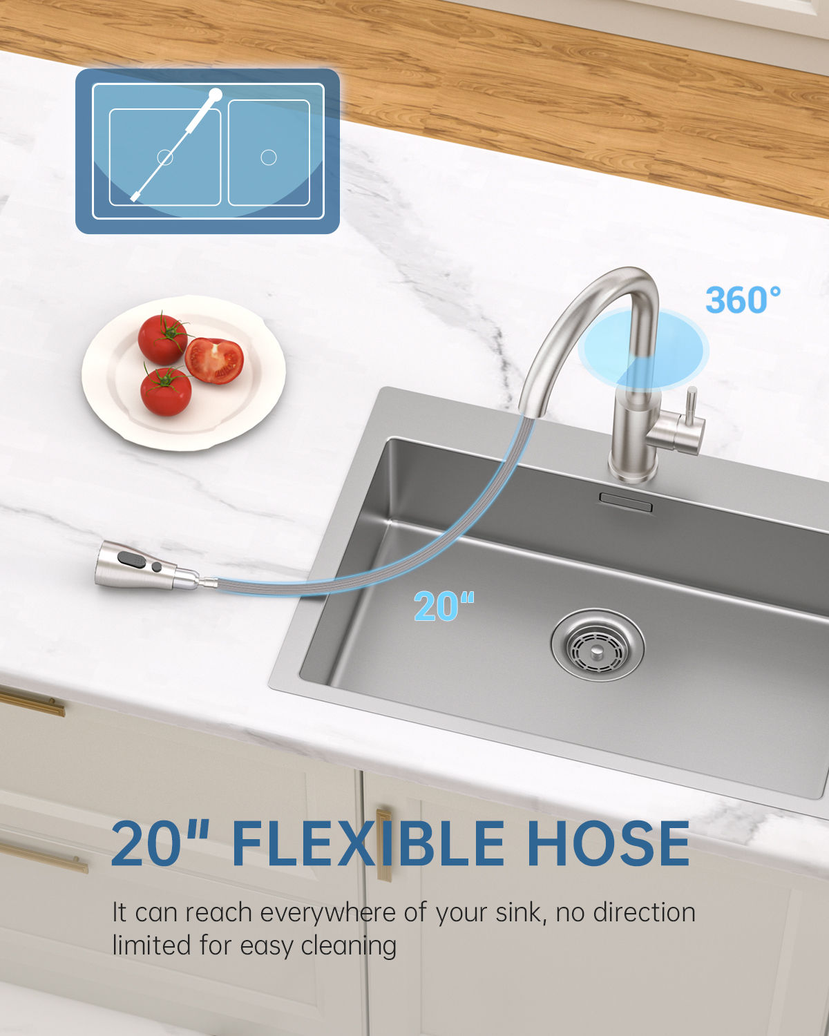 Brushed Stainless Pull-Out Kitchen Mixer Tap - 3 Spray Modes
