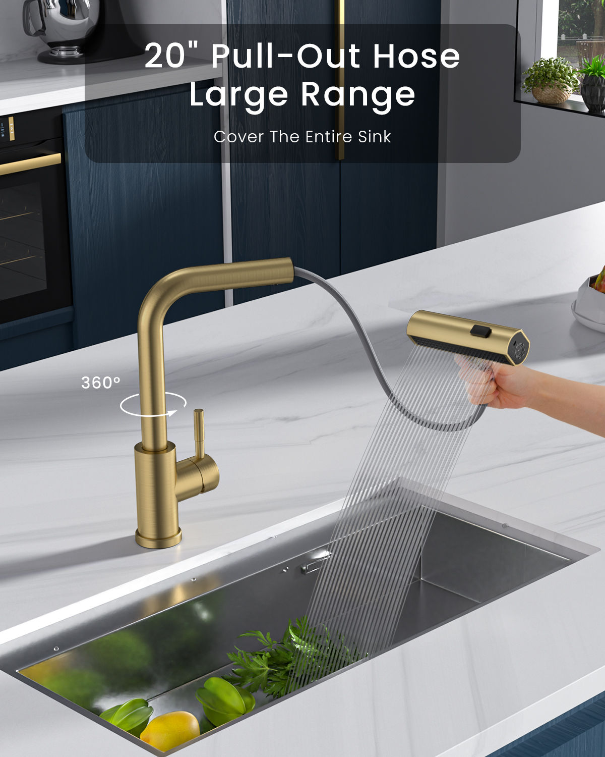 Brushed Gold Waterfall Pull-Out Kitchen Mixer Tap