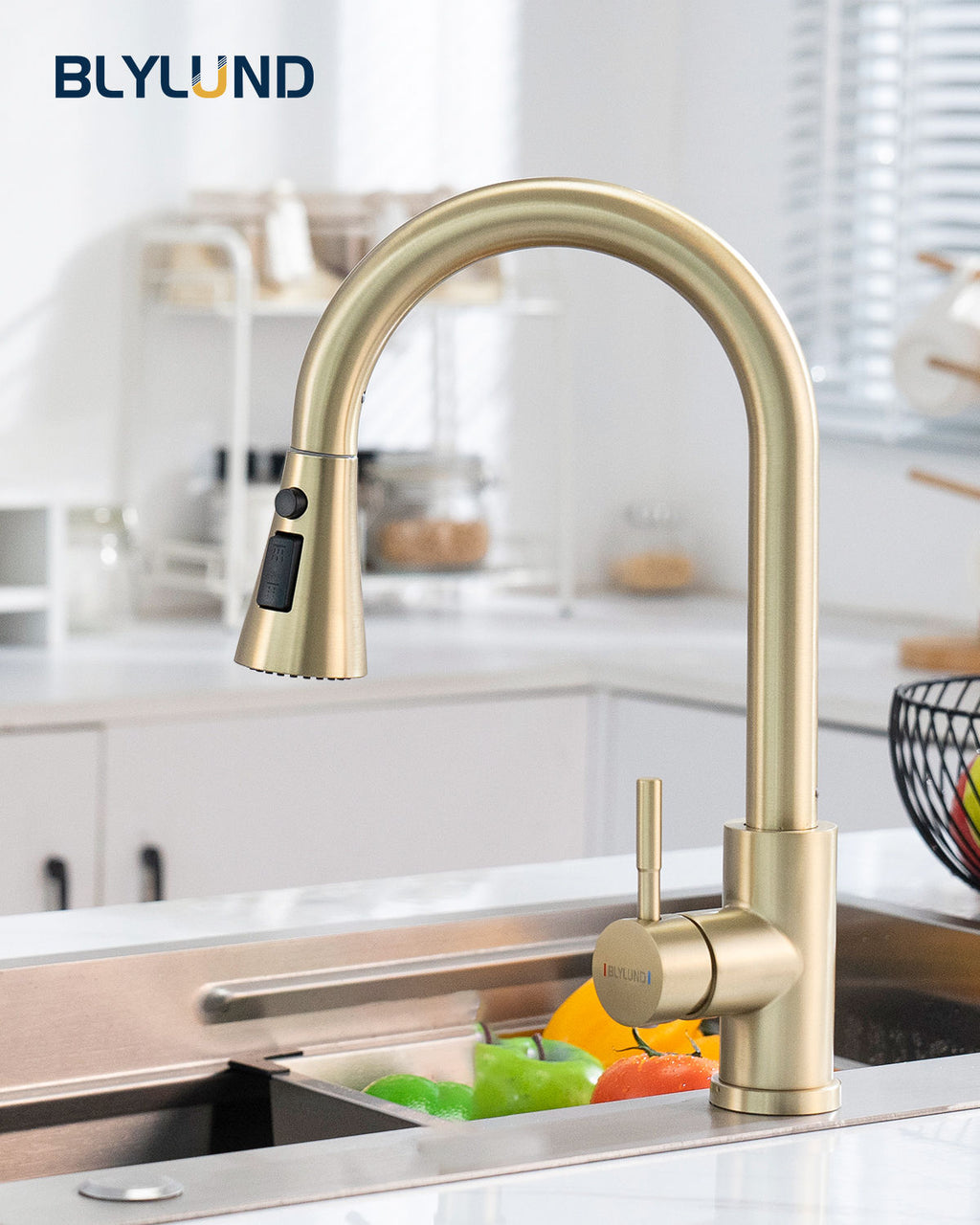 Brushed Gold High Arc Pull-Out Kitchen Mixer Tap