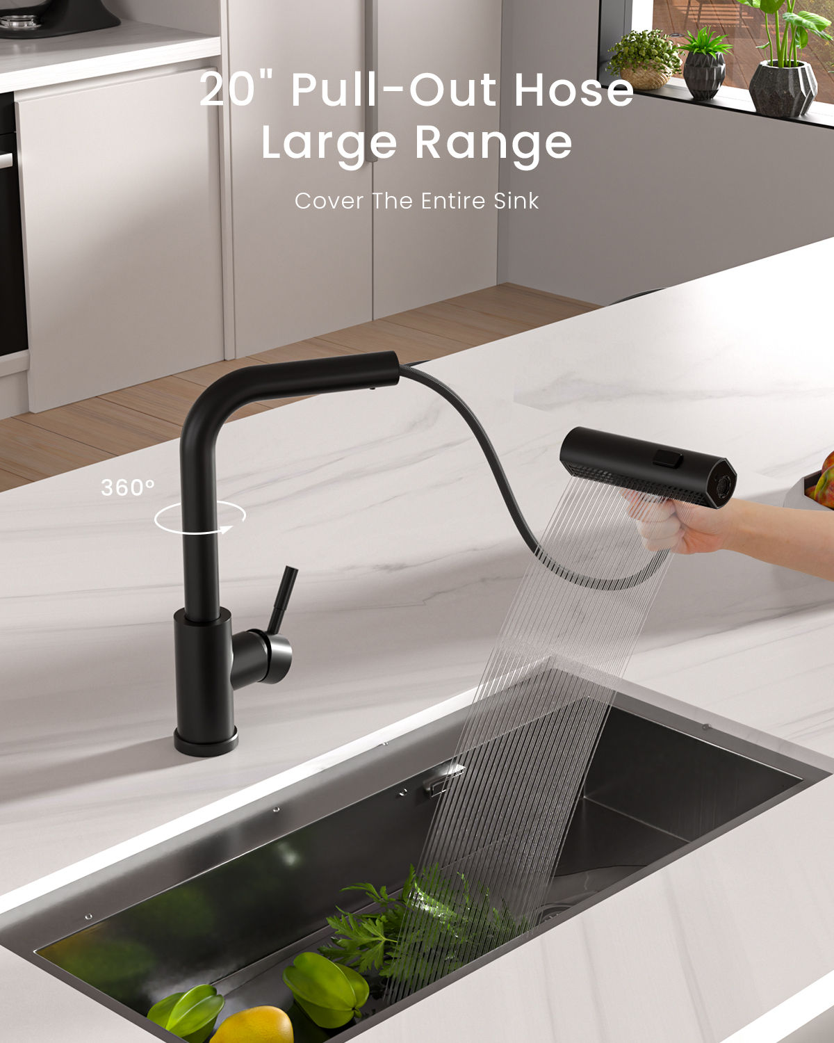 Matte Black Waterfall Pull-Out Kitchen Mixer Tap