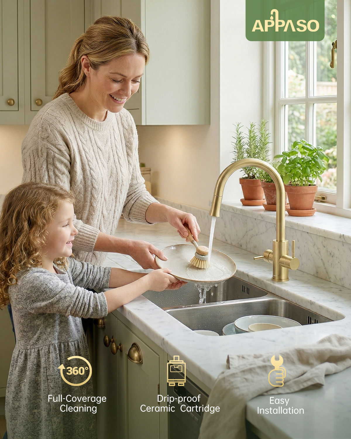 Brushed Gold Dual Lever Pull-Out Kitchen Mixer Tap