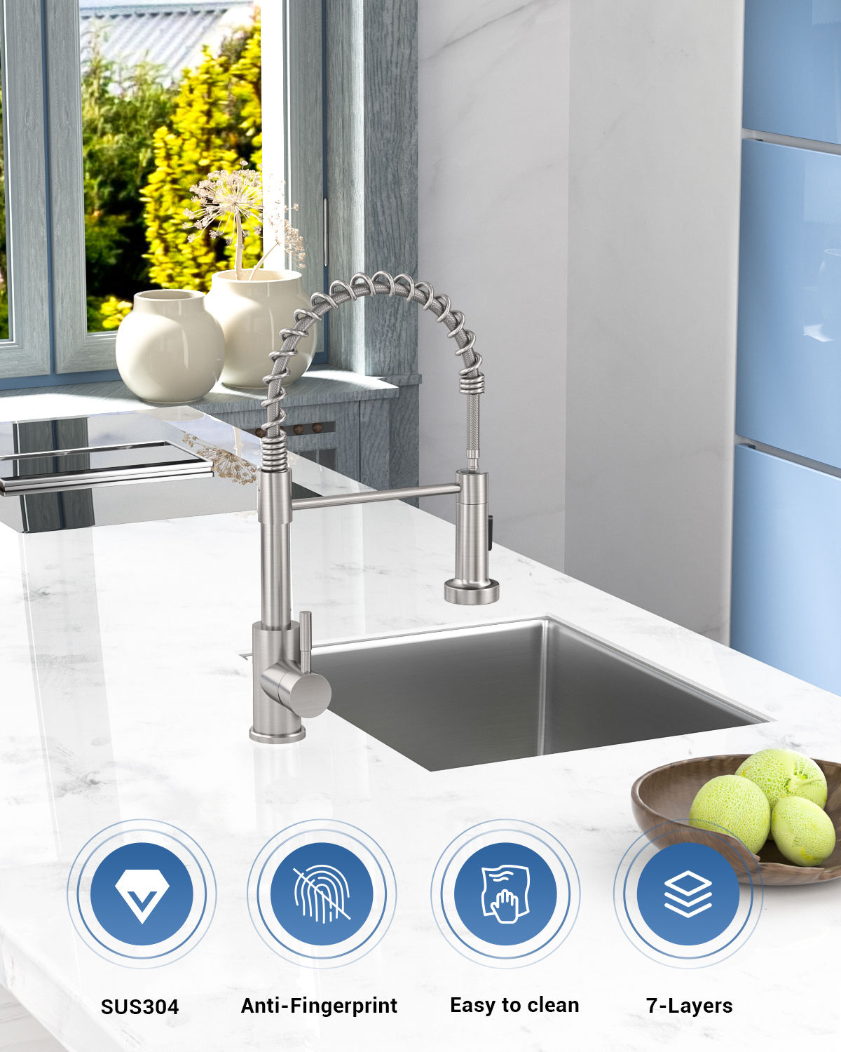 Brushed Stainless Pull-Down Kitchen Mixer Tap - 2 Spray Modes