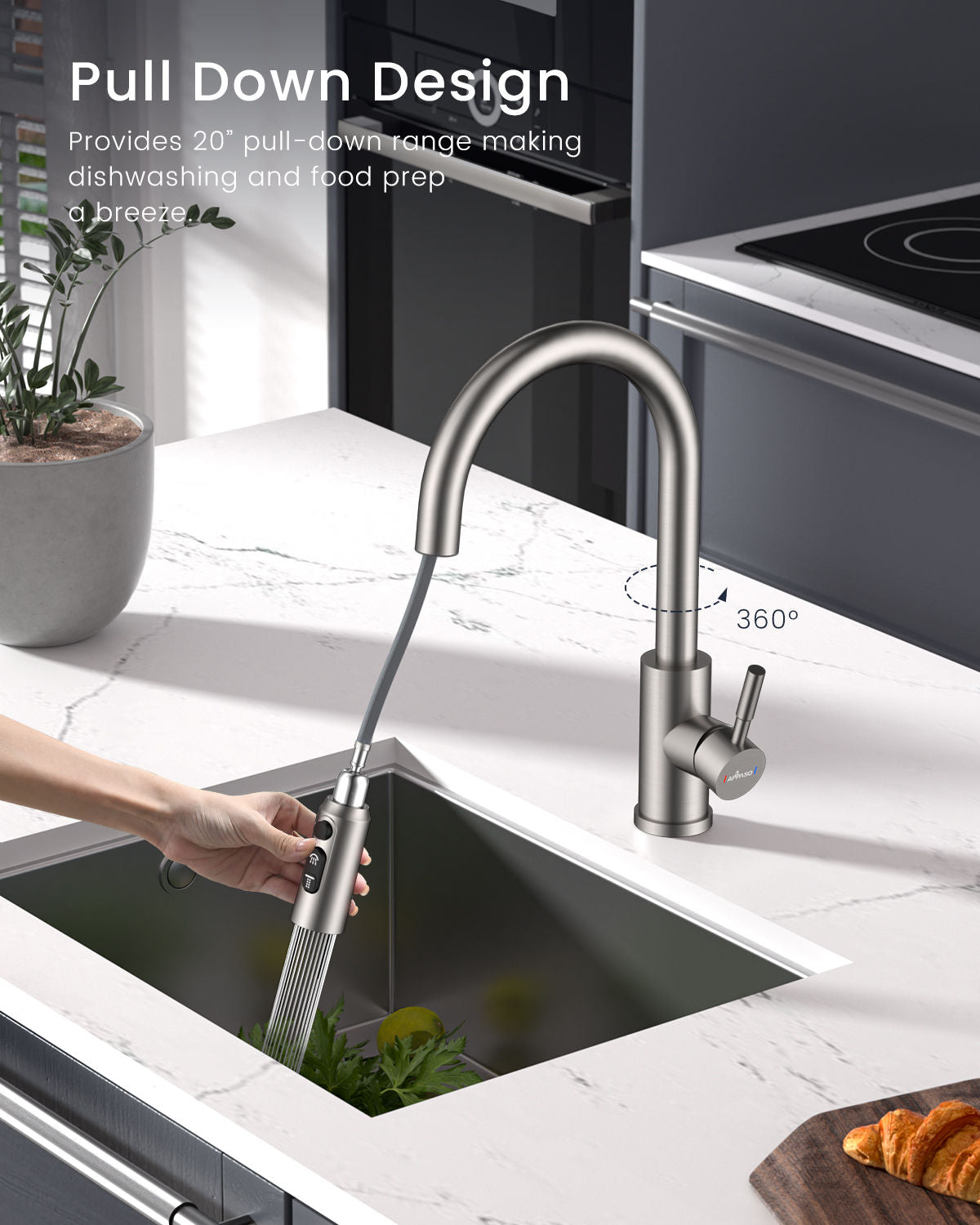 Brushed Stainless Pull-Out Kitchen Mixer Tap - 3 Spray Modes