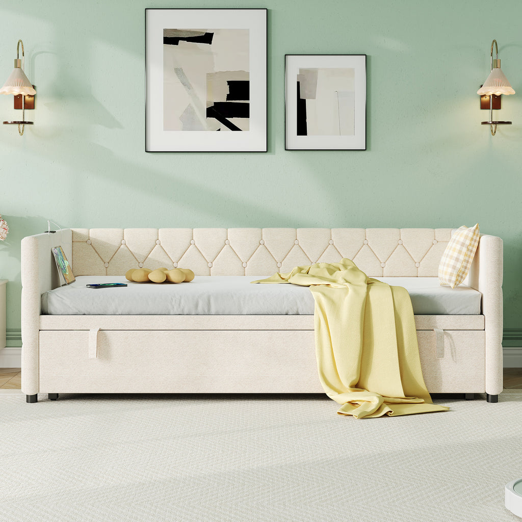 Upholstered Daybed, Sofa Bed with Charging Station, 3ft Single Button-tufted Bed with USB and Type - C Ports, Pull out Trundle Bed for Living Room/ Bedroom/ Study Room, Linen, Beige (No Mattress)