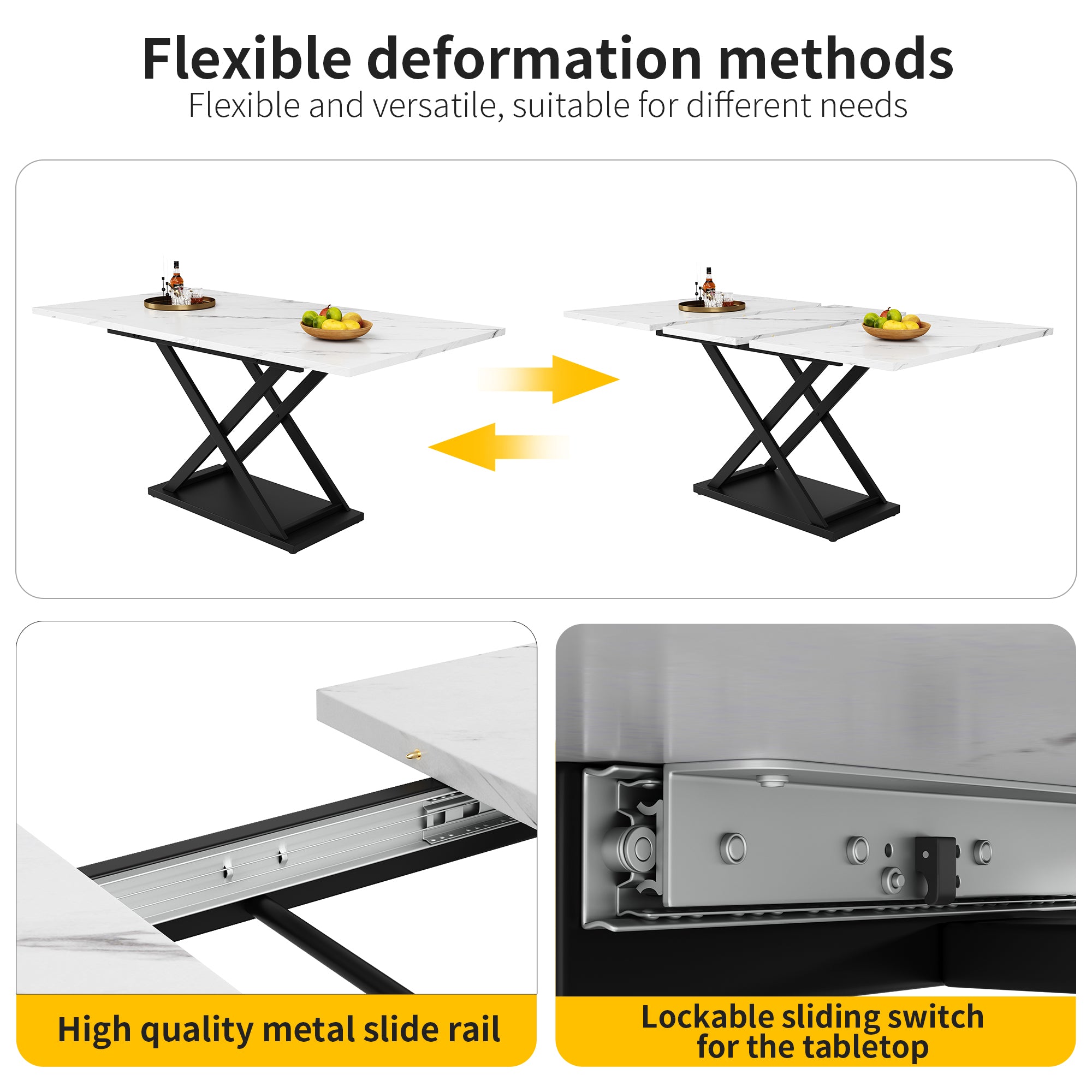 Telescopic dining table (120-160×80 cm), extendable dining table, space-saving kitchen table, black crossed iron legs, for kitchen and living room, white marble dining table