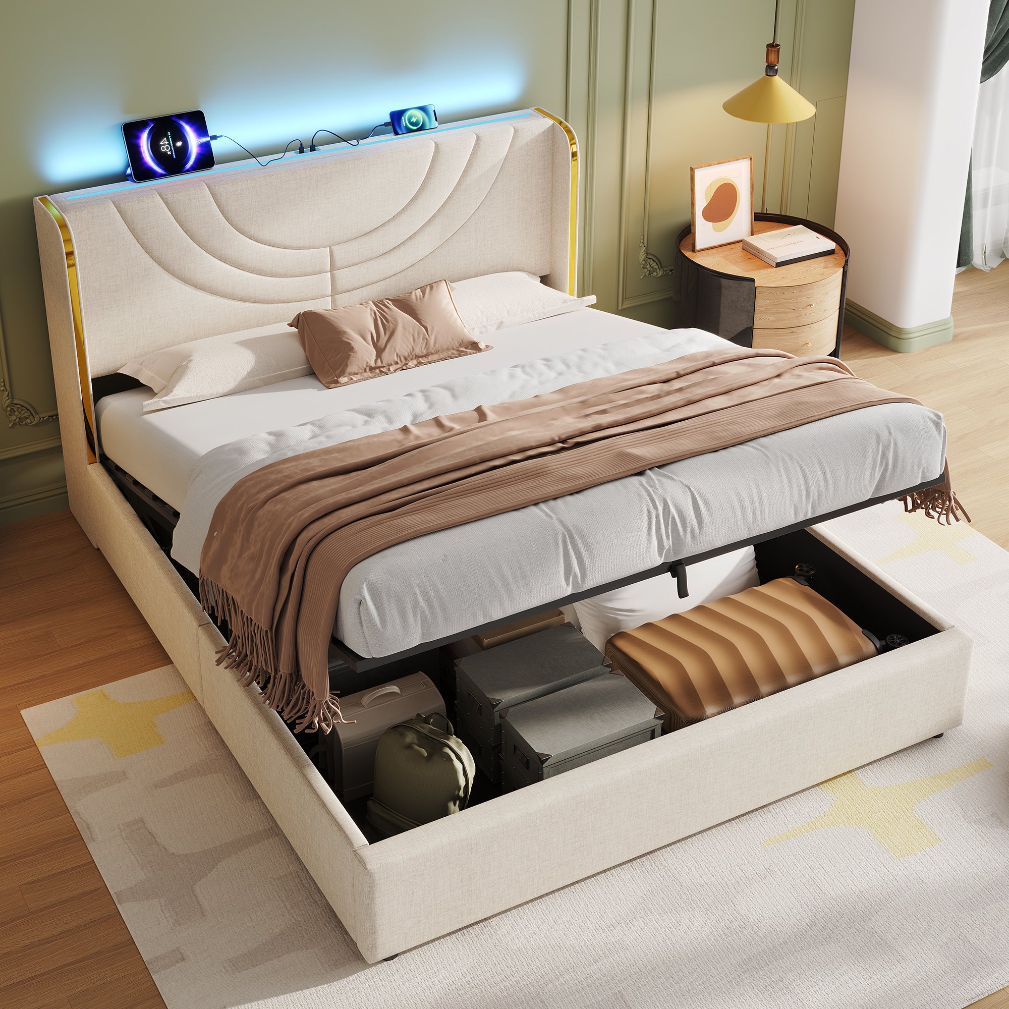 5ft King Upholstered Bed Frame with Hydraulic Storage, LED Headboard with Charging Station and Chrome Trim, USB and Type-C Ports, Linen, No Box Spring Needed, Beige (No Mattress)