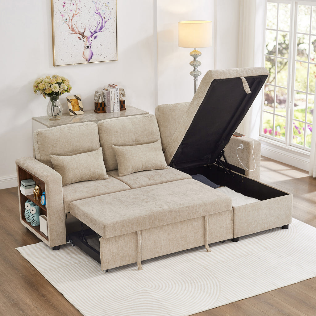 3-in-1 Convertible Chenille Sectional Sofa Bed with Reversible Storage Chaise, L-Shaped Sleeper Sofa with Integrated Charging Station and Adjustable Armrest Side Storage, USB & Type-C Ports, Beige