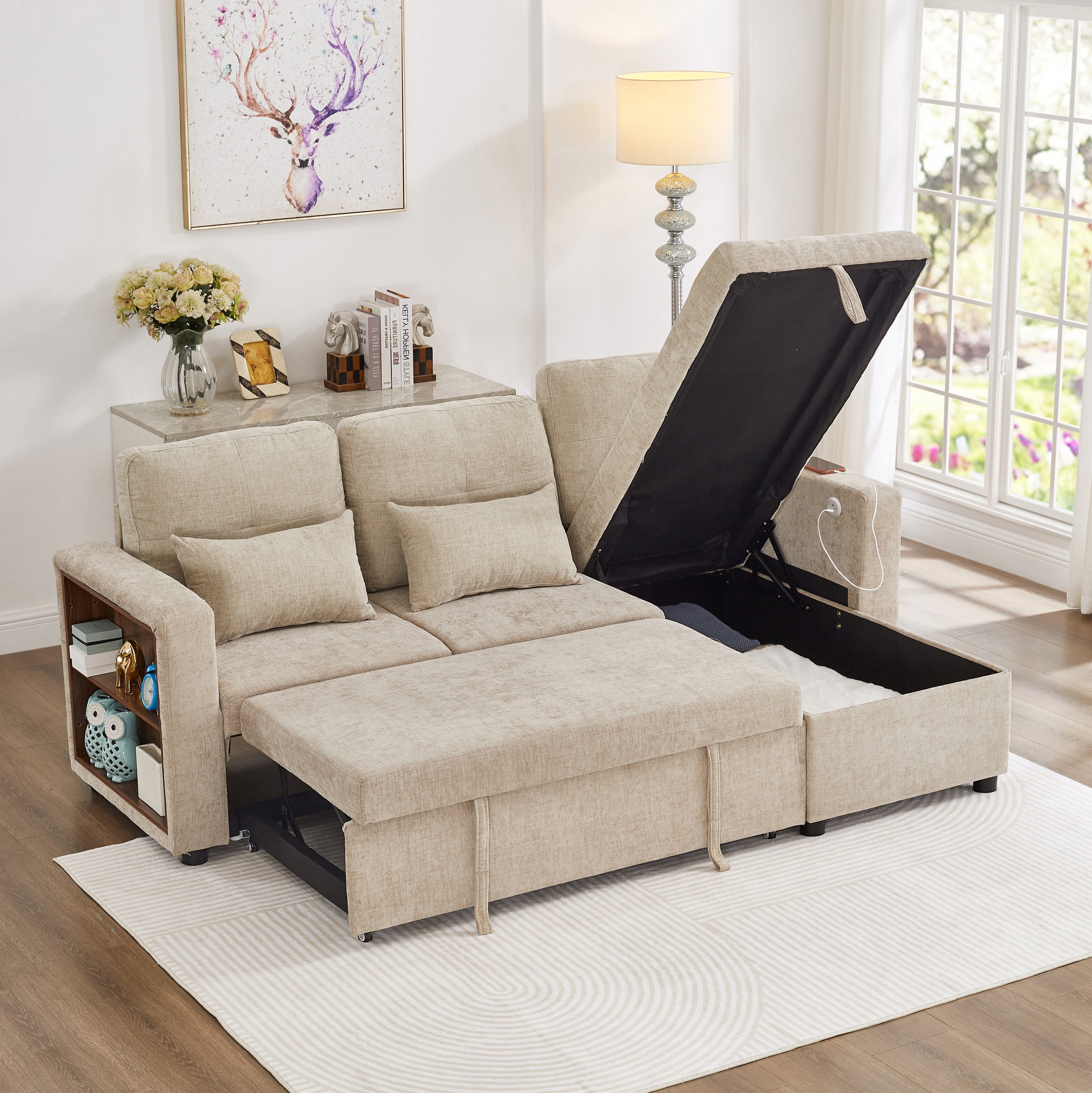 3-in-1 Convertible Chenille Sectional Sofa Bed with Reversible Storage Chaise, L-Shaped Sleeper Sofa with Integrated Charging Station and Adjustable Armrest Side Storage, USB & Type-C Ports, Beige