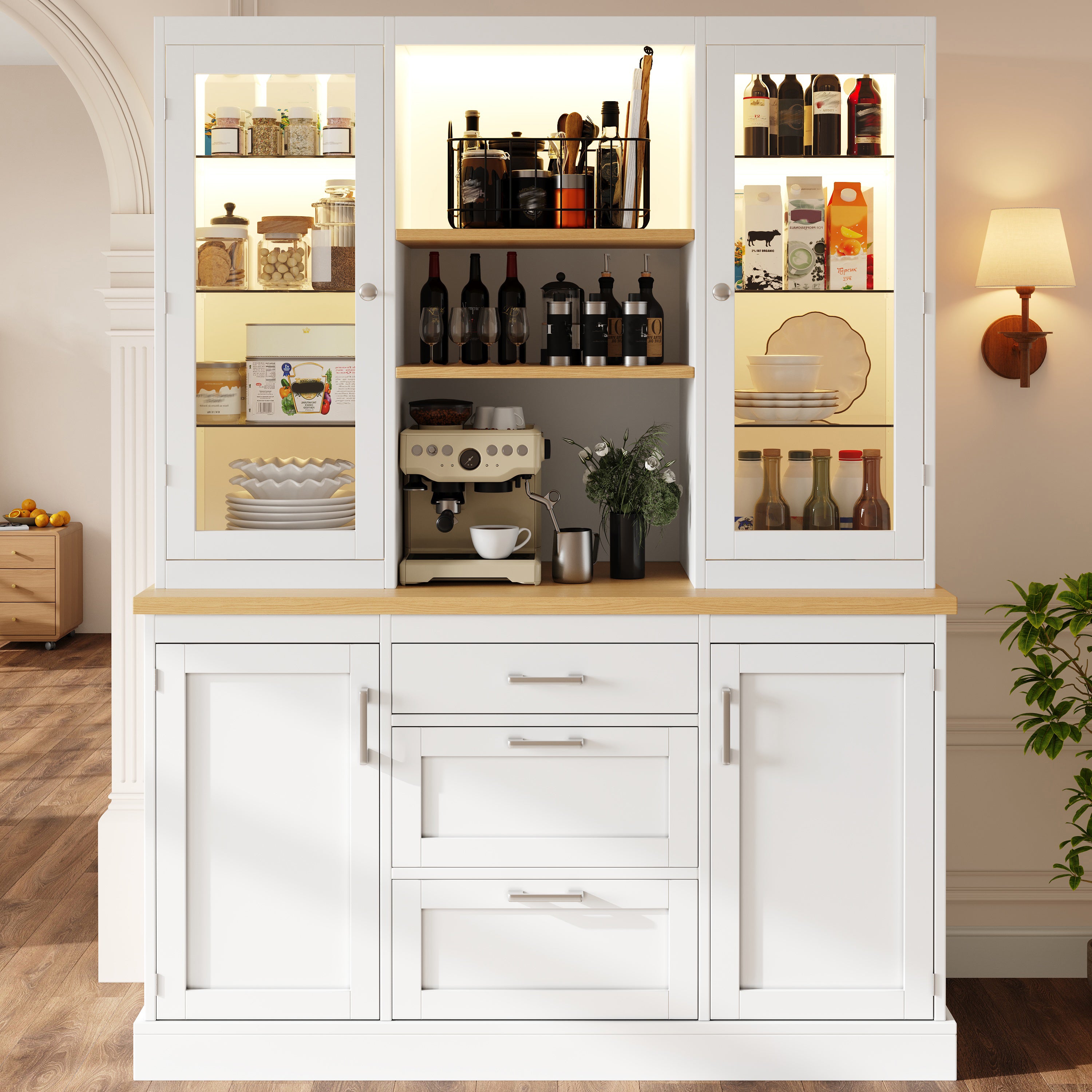 Kitchen Pantry Cabinet with App-Controlled LED Lights, 185cm Tall Storage Cabinet with Glass Doors, Drawers & Worktop, White