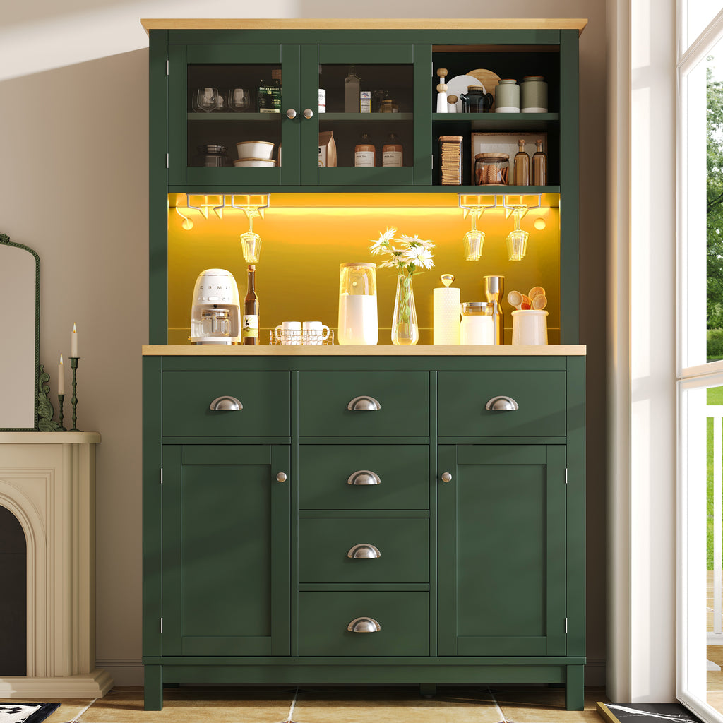 Sideboard / Storage Cabinet / Kitchen Cabinet / Buffet Cabinet, 104x40x180cm, Farmhouse Style, 5 Doors, with LED Light Strip & Drink Holders, Green/White