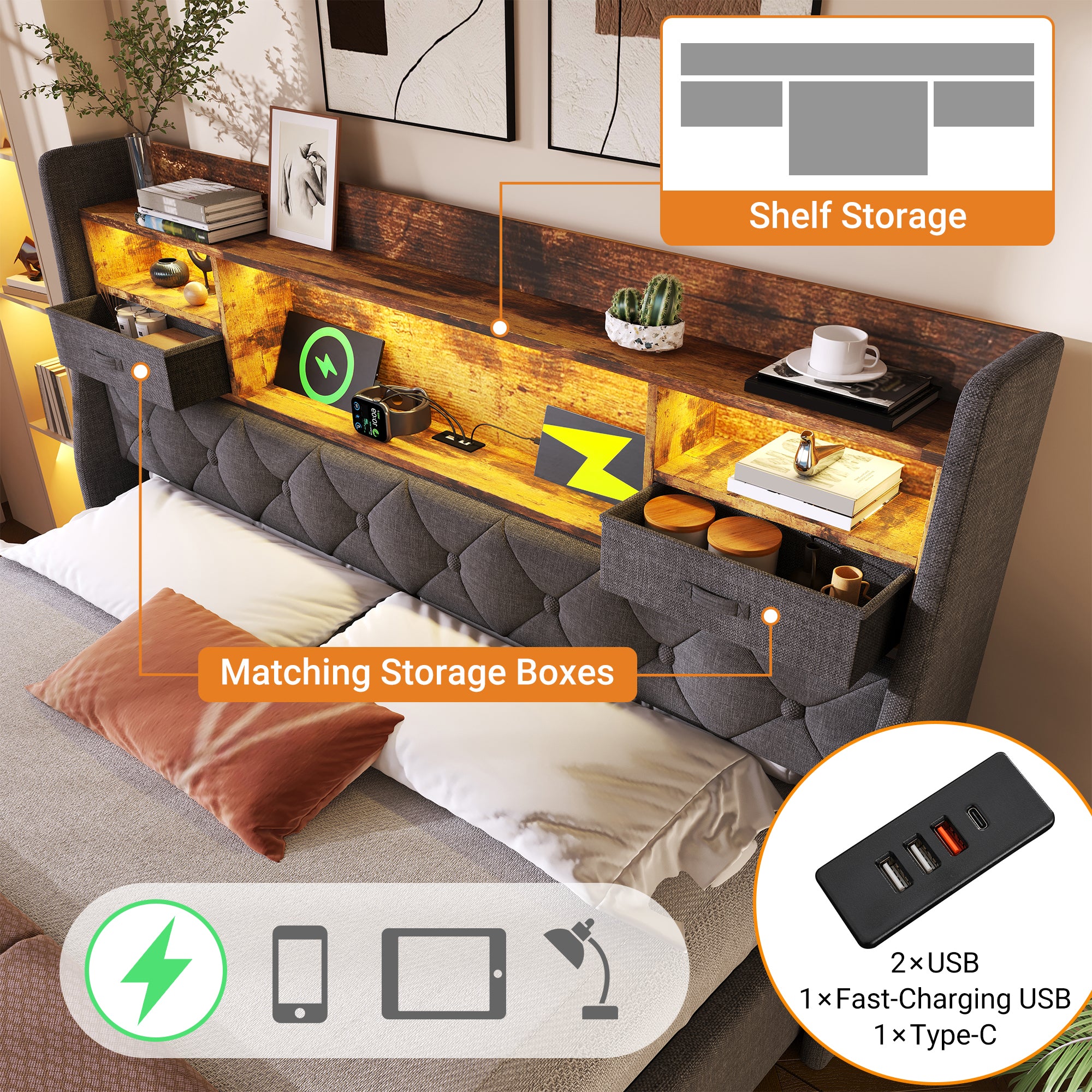 Upholstered Bed 4ft6 Hydraulic Bed with LED Lighting, USB Type-C Charging, Storage Headboard for Cellphones & Tablets, 135 x 190 cm Double Bed with Metal Slatted Frame, Linen, Grey (No Mattress)