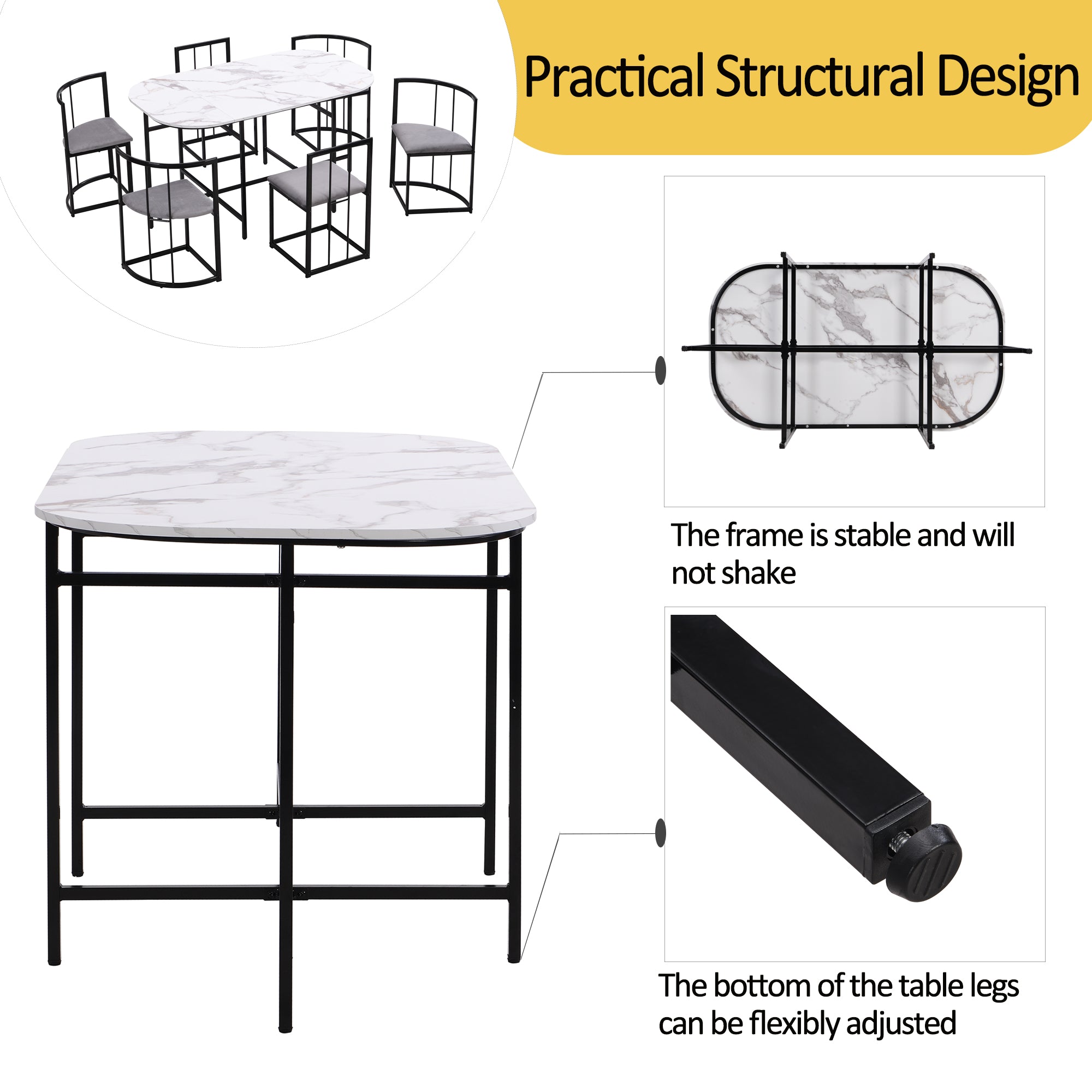Six-chair dining table set: (White table, chairs with backrests and gray cushions, black iron frame), dining room table and chair set, modern dining table combination