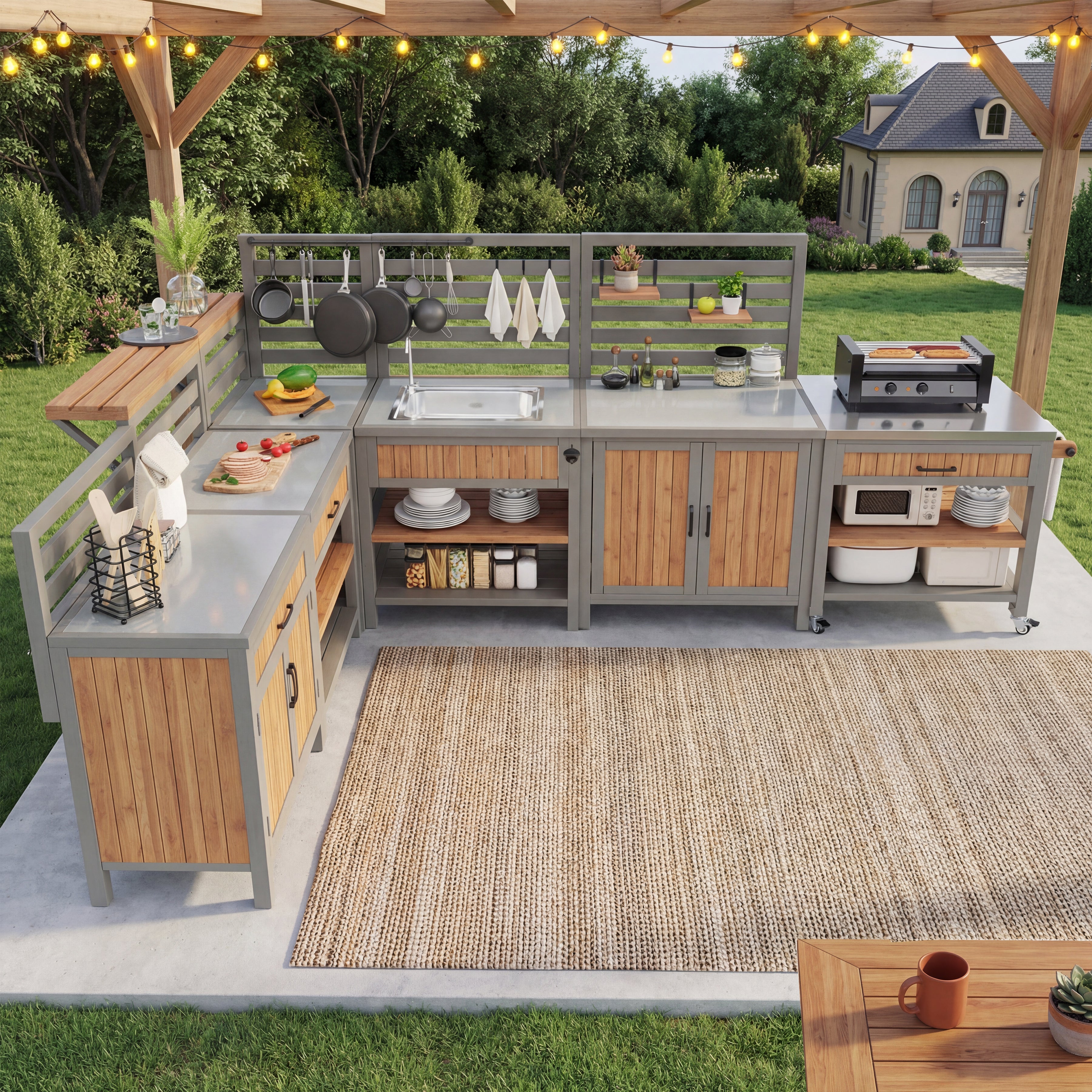BBQ side table, mobile garden cabinet, weatherproof, stainless steel worktop, wooden garden cabinet, outdoor weatherproof tool cabinet, outdoor cabinet with large work surface and drawer