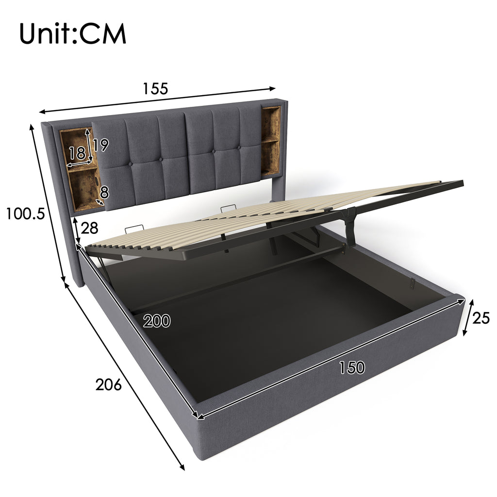 Upholstered Bed 5FT King Size Bed 150 x 200 cm with Wireless Charging(USB Type-C), Hydraulic Bed with Large Storage Space, Linen Fabric,Grey(No Mattress)