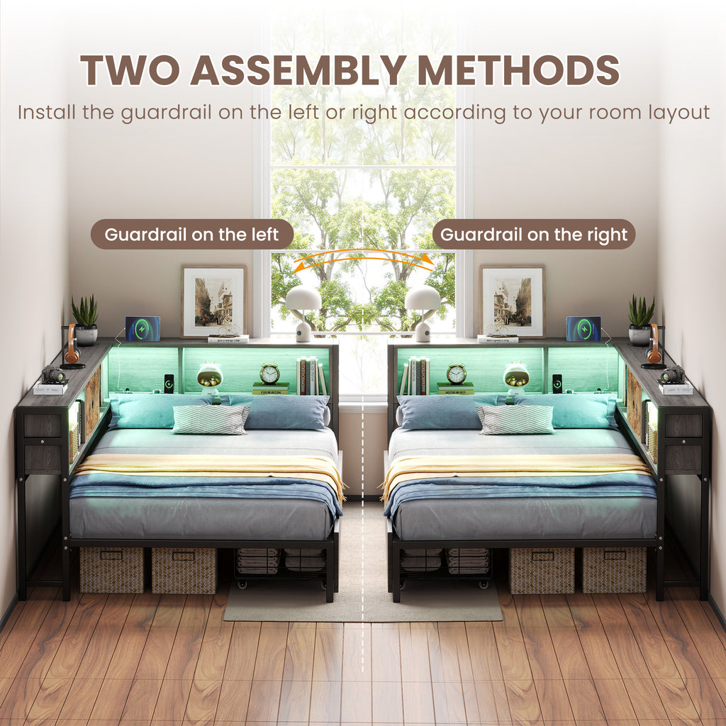 3ft Single Metal and Wood Bed with RGB LED Lights & Charging Station (USB & Type-C), Built-in Shelves and Bedside Storage, Two Storage Drawers, Two Assembly Methods, Grey, Rustic Brown (No Mattress)