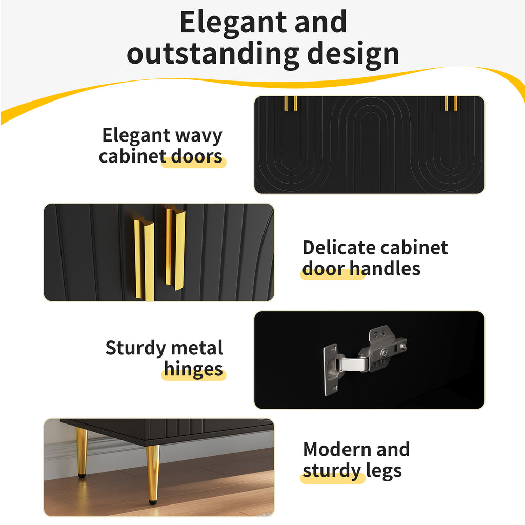 Black sideboard (152 x 40 x 75 cm) with unique wave design and golden handles and feet, creating an elegant dining area