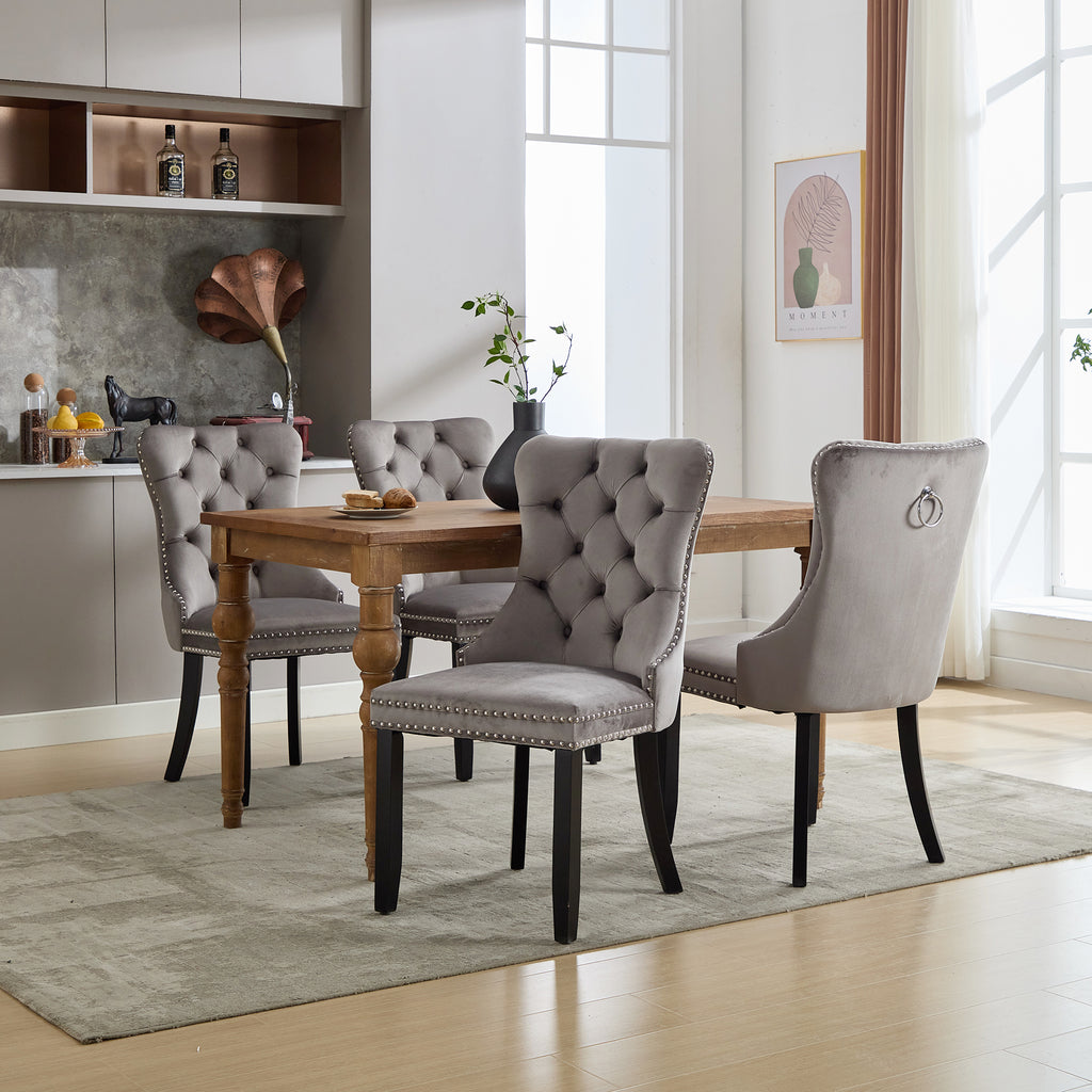 Modern Set of 4 Upholstered Velvet Dining Chairs, Button Tufted Kitchen Lounge Chairs with Solid Wood Legs, Riveted Trim and Knocker Ring, for Dining Room Living Room, Grey