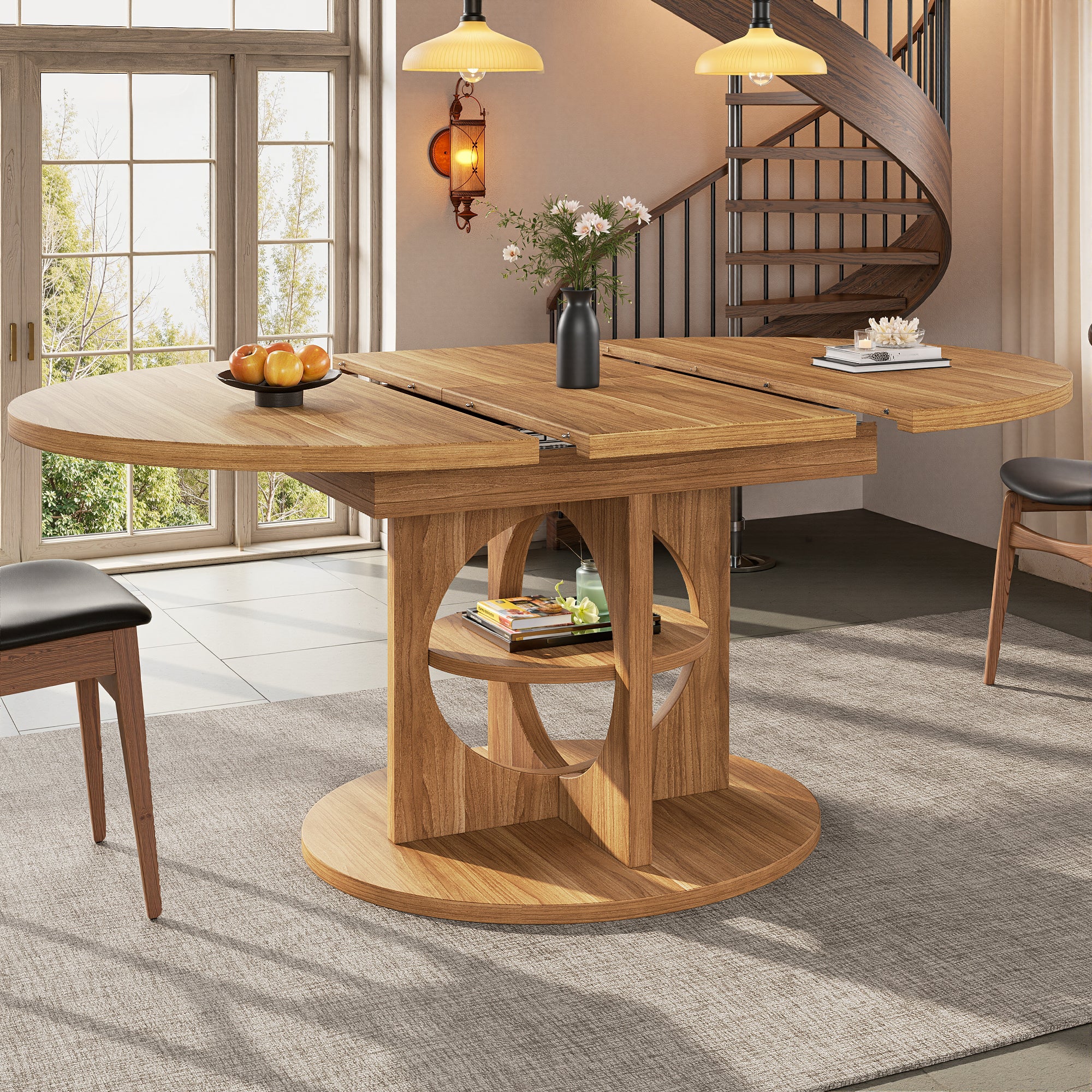 Extendable dining table, dining room table, kitchen table, balcony table, round dining table, extendable to oval, 110-150 cm, seats up to 8 people, dark brown