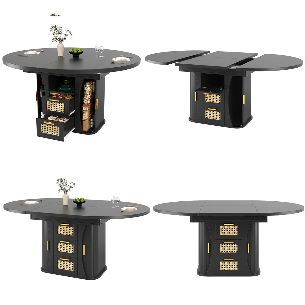 Extendable dining table with storage, 118–158cm table with rattan drawers, MDF wood look, black / natural wood / oak look