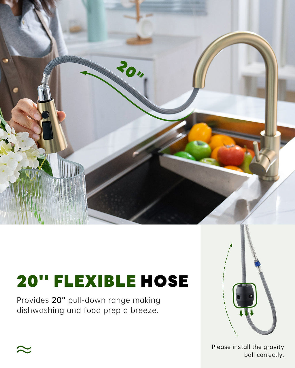 Brushed Gold High Arc Pull-Out Kitchen Mixer Tap