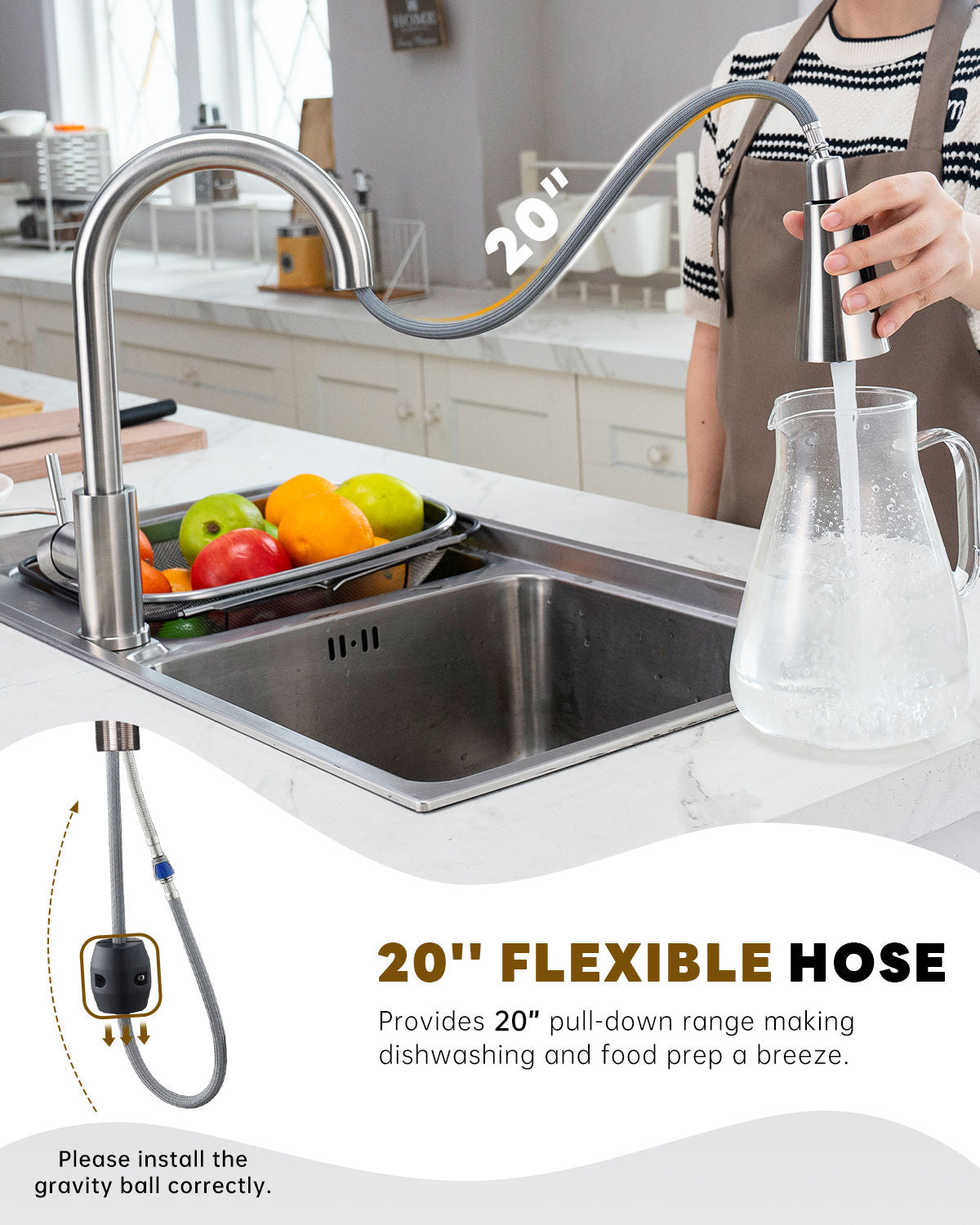 Brushed Nickel High Arc Pull-Out Kitchen Mixer Tap