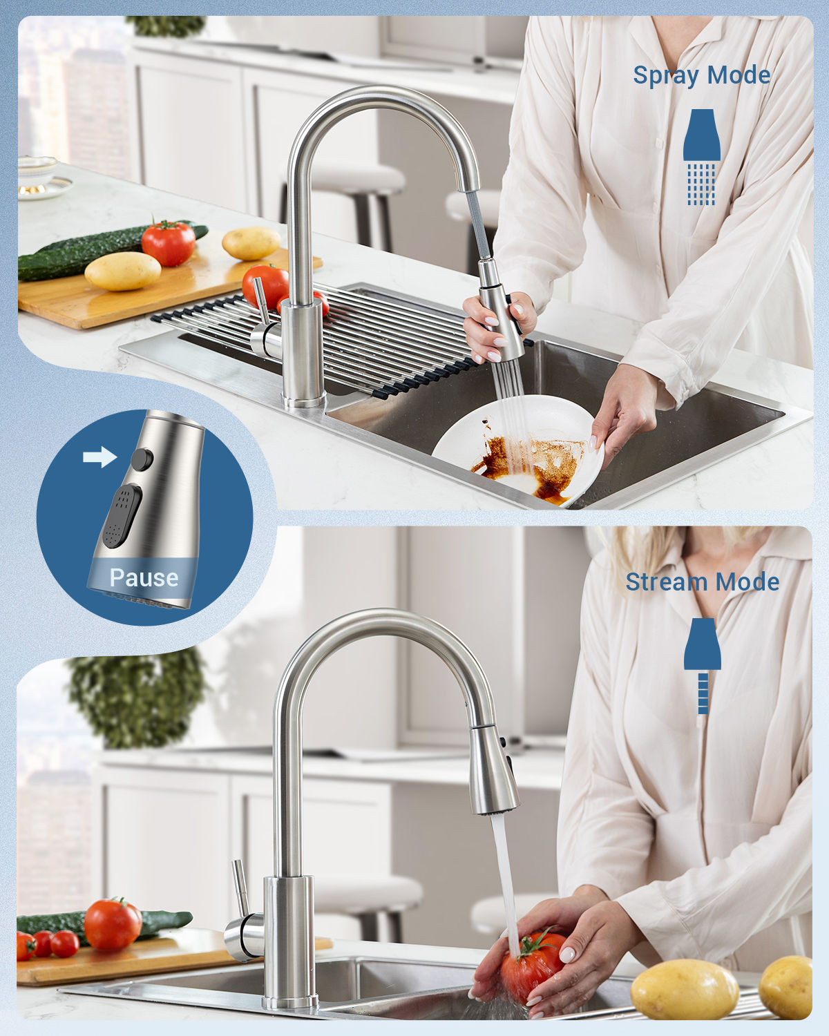 Brushed Stainless Pull-Out Kitchen Mixer Tap - 3 Spray Modes
