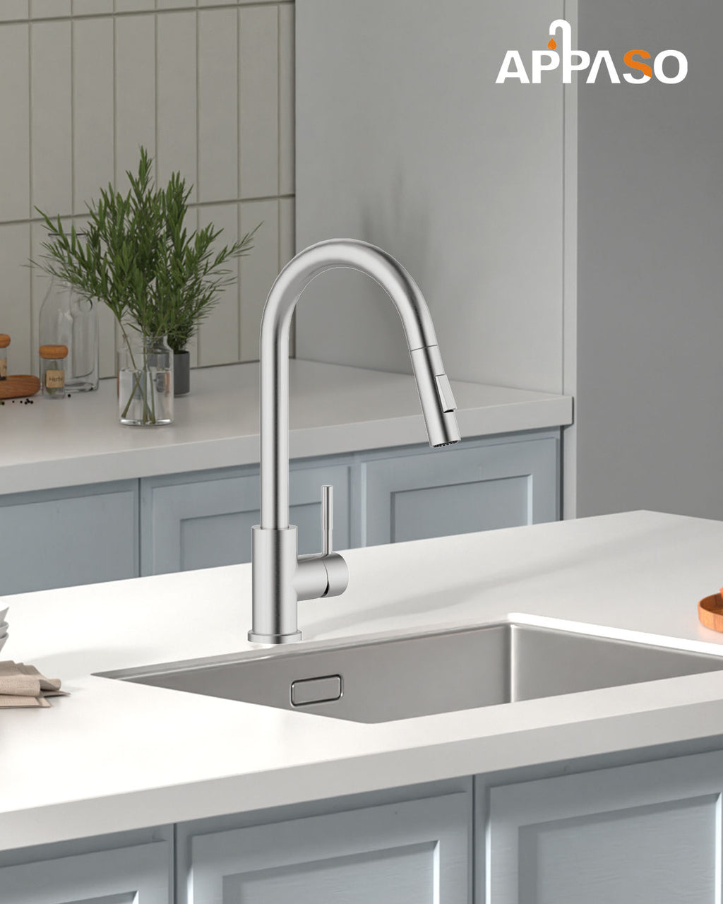 Brushed Stainless Pull-Out Kitchen Mixer Tap - 2 Spray Modes