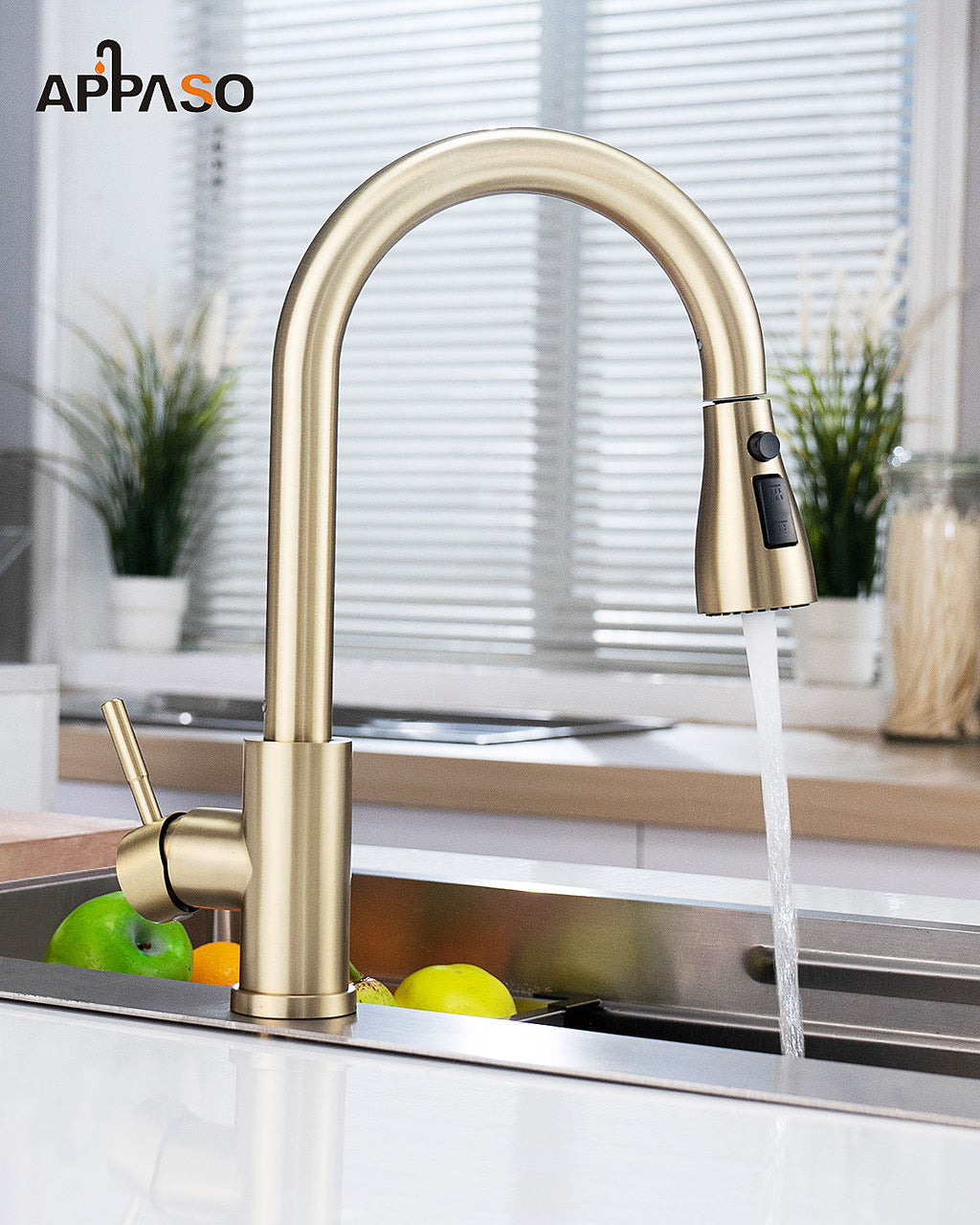Brushed Gold Pull-Out Kitchen Mixer Tap - 3 Spray Modes