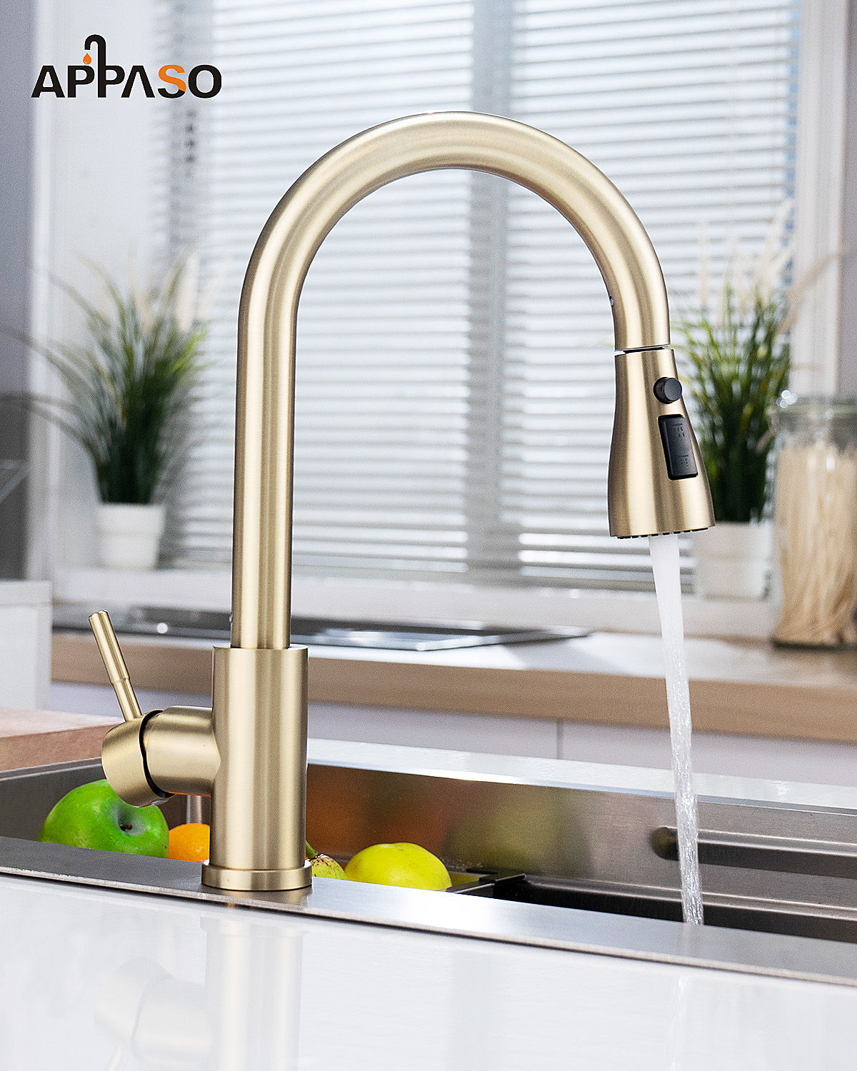 Brushed Gold Pull-Out Kitchen Mixer Tap - 3 Spray Modes