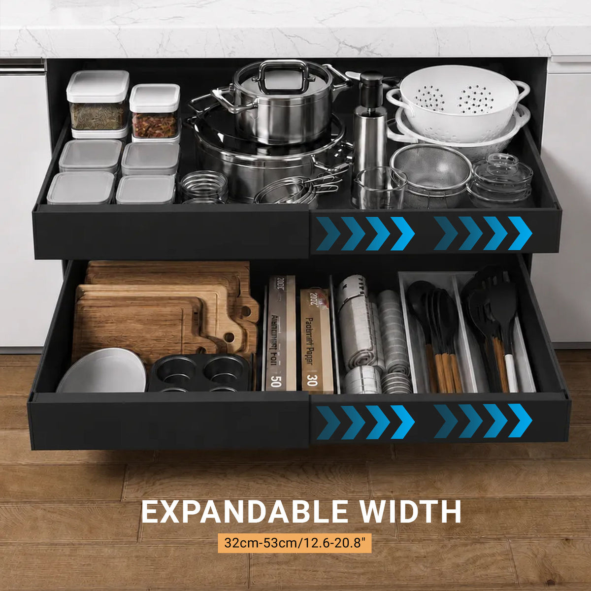 Matte Black Pull-Out Cabinet Organiser Set - 53cm, 2 Pieces