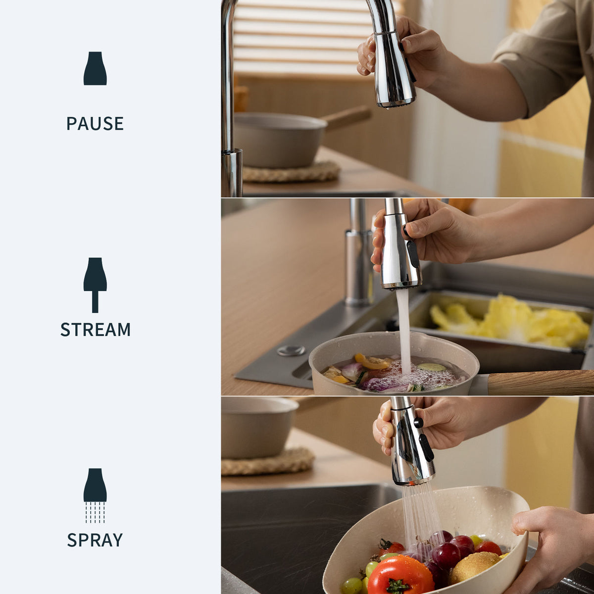 Polished Chrome Pull-Out Kitchen Mixer Tap - 3 Spray Modes