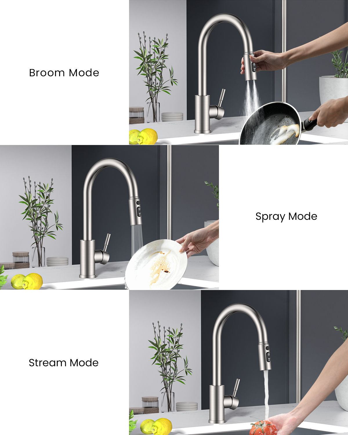 Brushed Stainless Pull-Out Kitchen Mixer Tap - 3 Spray Modes