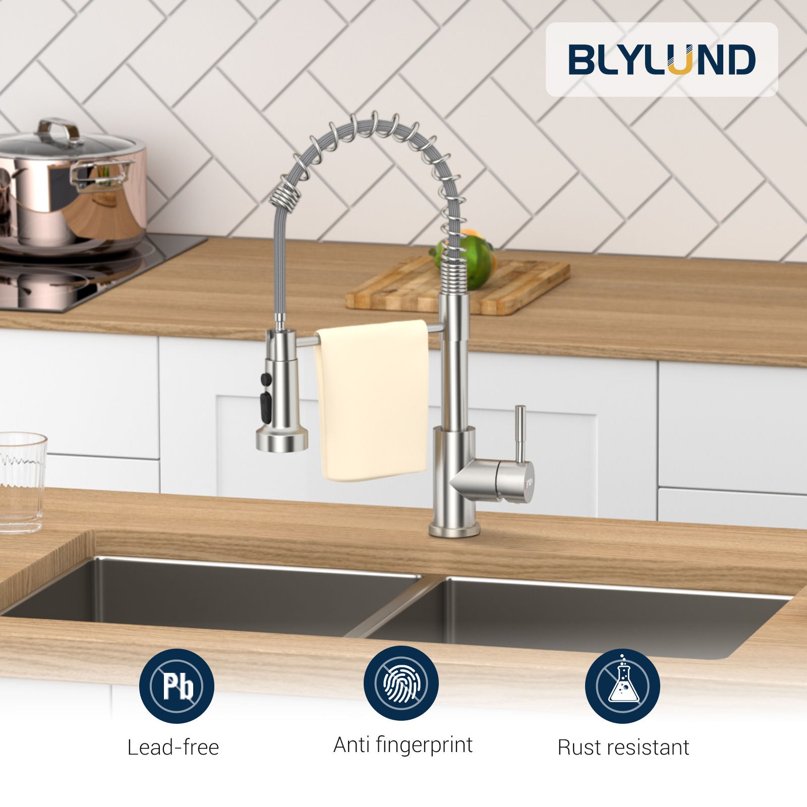 Brushed Nickel Spring Pull-Down Kitchen Mixer Tap