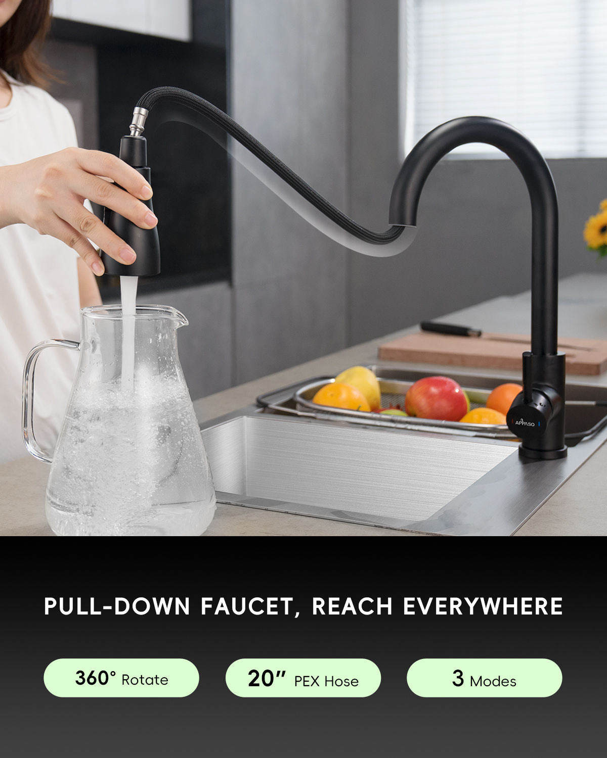 Matte Black Pull-Out Kitchen Mixer Tap - 3 Spray Modes
