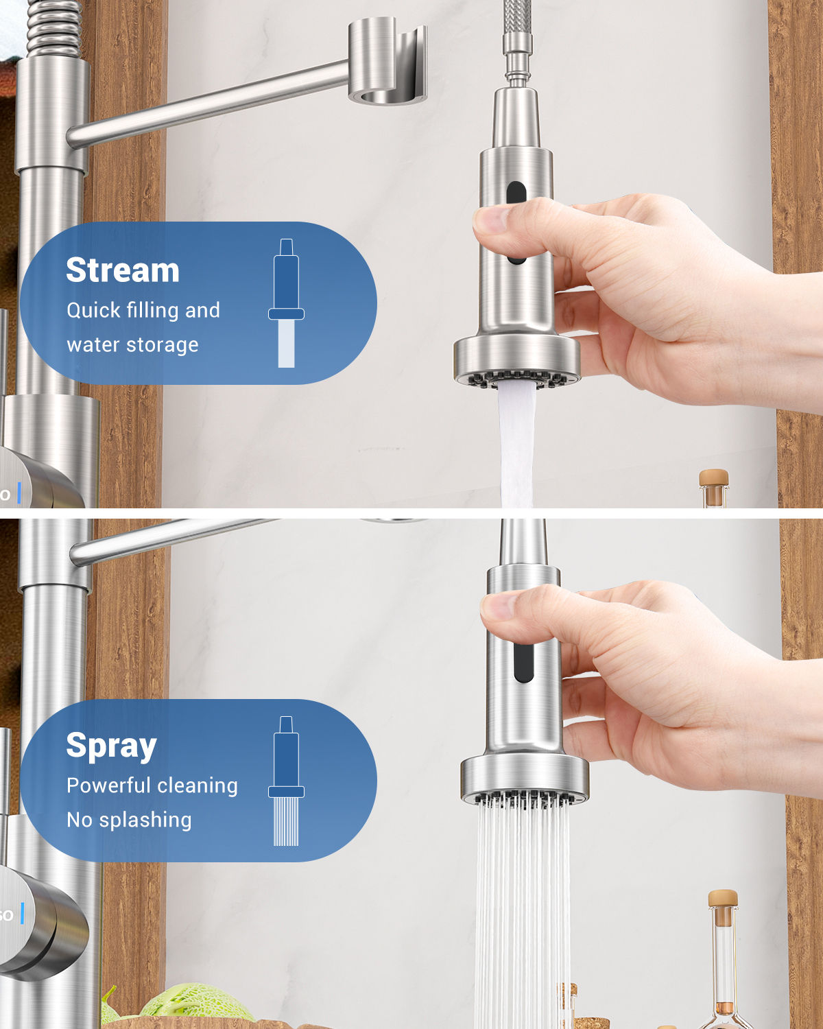 Brushed Stainless Pull-Down Kitchen Mixer Tap - 2 Spray Modes