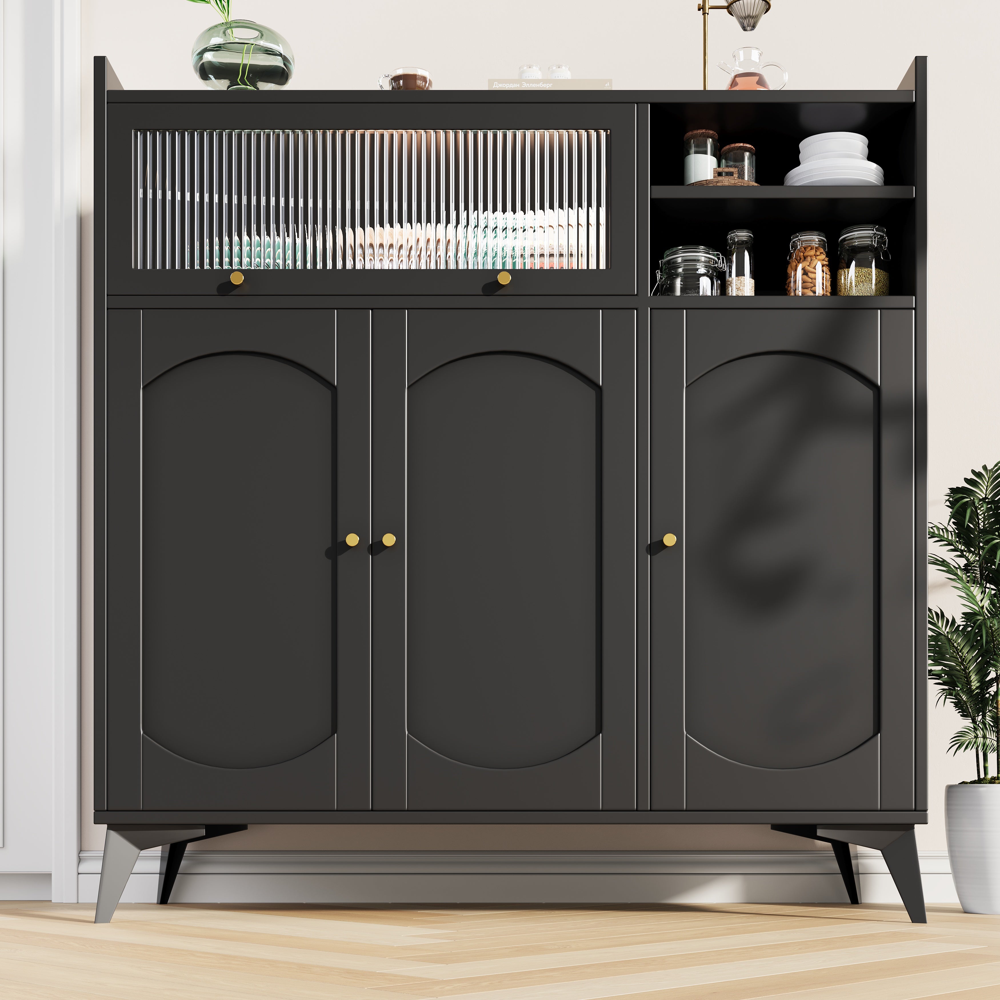 Sideboard (120 x 39.8 x 118.5 cm), modern and sleek black sideboard, large storage space, with glass door and golden handle, multifunctional furniture, suitable for dining room or living room