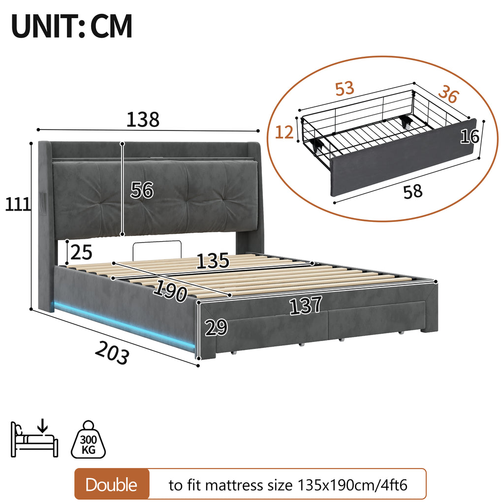 4ft6 Double Upholstered Bed Frame with Hydraulic and Drawers Storage, Back Cushion Headboard with Charging Station,  Velvet Ottoman Hydraulic Bed with RGB LED Lighting, Grey (No Mattress)