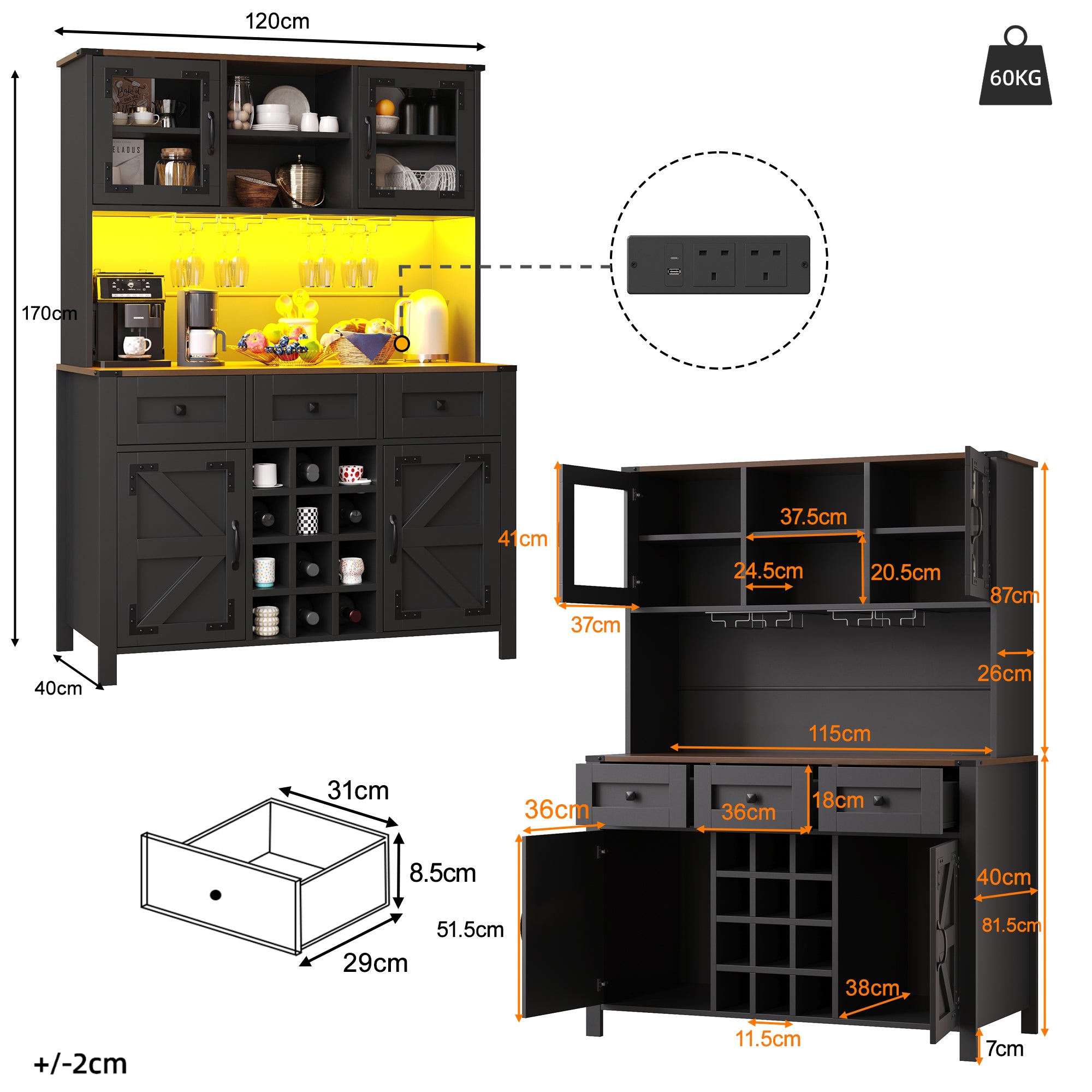 Tall Kitchen Cabinet with 4 Doors & 3 Drawers, USB Ports & Power Outlets, LED Light Strip, Modern Storage Sideboard, Side Cabinet for Kitchen & Living Room, 120 x 40 x 170 cm, Black
