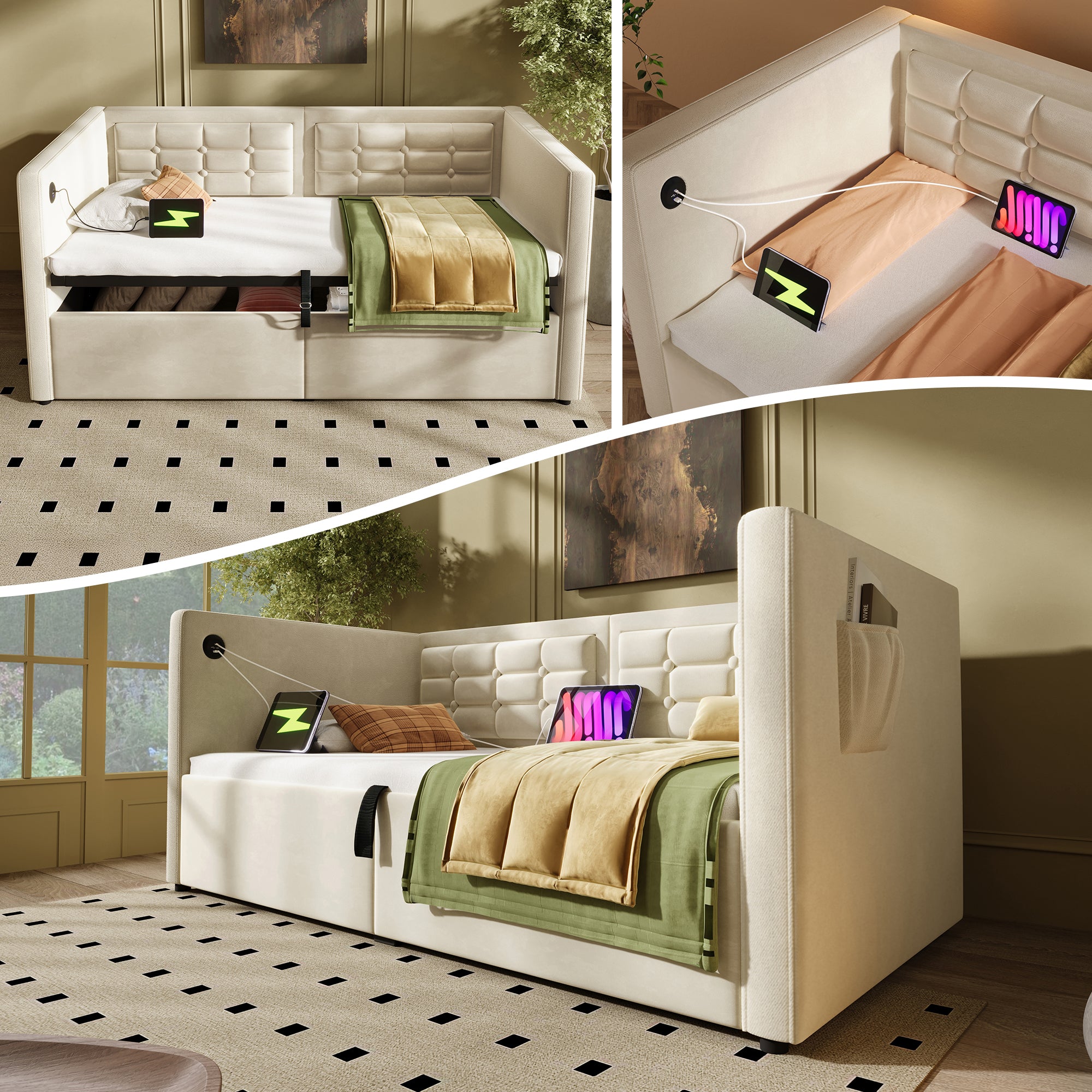 Daybed Upholstered Bed 90 x 190 cm, 3FT Single Sofa Bed with USB &Type-C Charging Station,  Hydraulic Storage Bed for Living Room and Bedroom, Velvet, Beige (No Mattress)