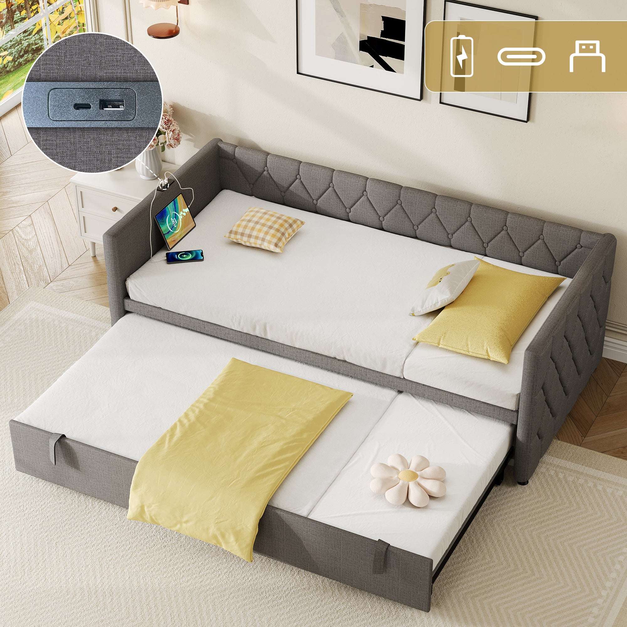 Upholstered Daybed, Sofa Bed with Charging Station, 3ft Single Button-tufted Bed with USB and Type - C Ports, Pull out Trundle Bed for Living Room/ Bedroom/ Study Room, Linen, Grey (No Mattress)