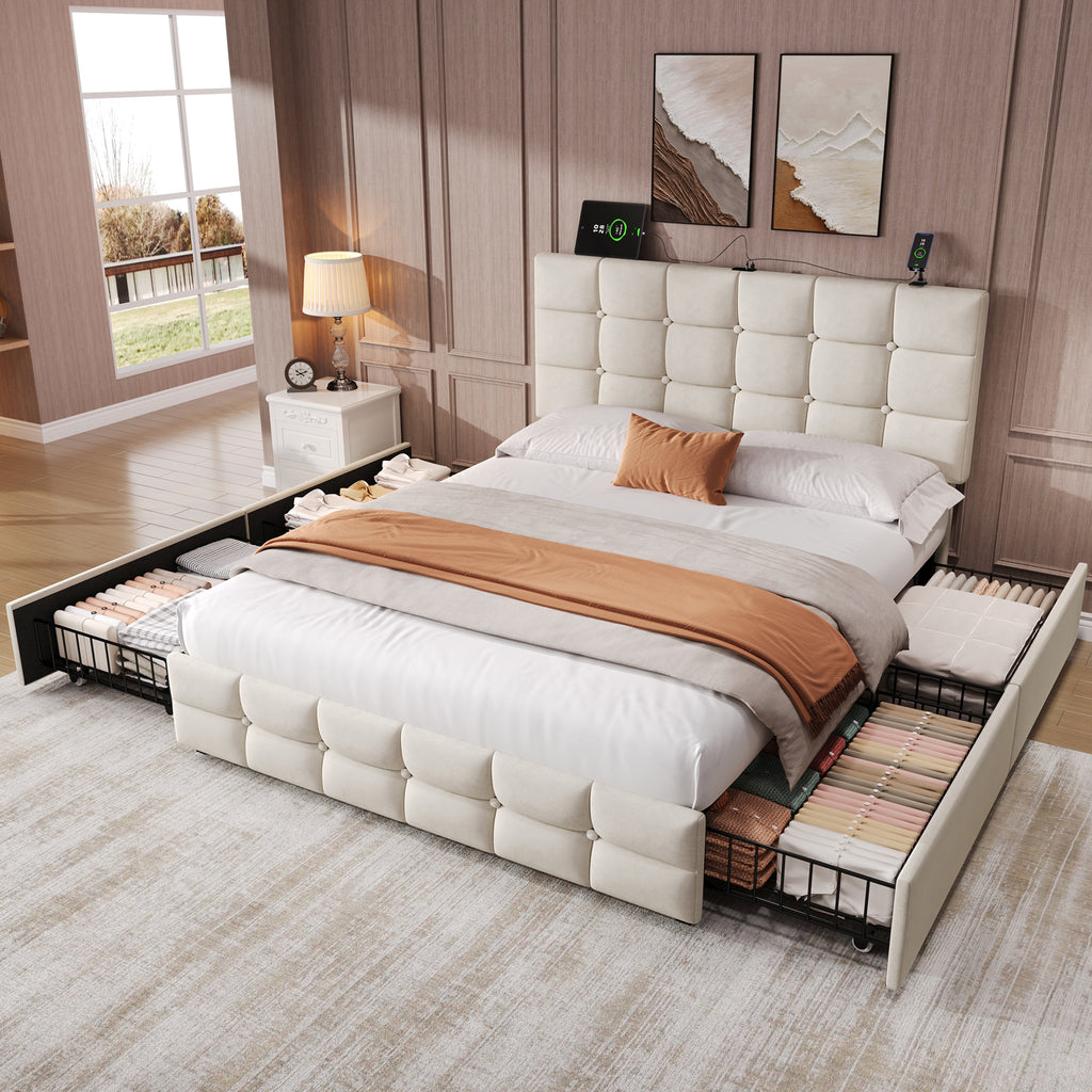 4ft6 Double Upholstered Bed with 4 Storage Drawers, Velvet Bed Frame with Charging Station. Adjustable Button Tufted Headboard with USB and Type - C Ports, No Box Spring Needed, Beige (No Mattress)