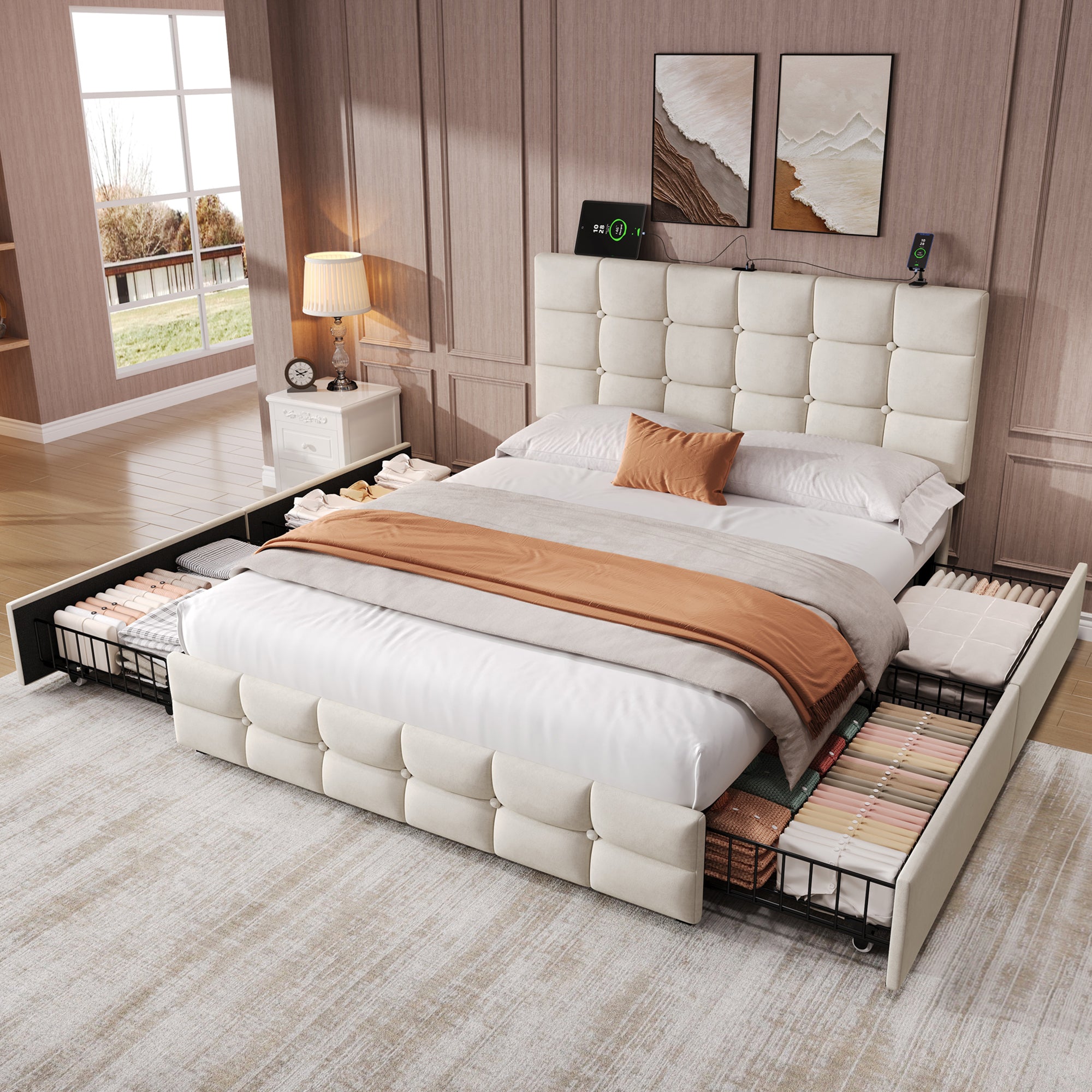 4ft6 Double Upholstered Bed with 4 Storage Drawers, Velvet Bed Frame with Charging Station. Adjustable Button Tufted Headboard with USB and Type - C Ports, No Box Spring Needed, Beige (No Mattress)