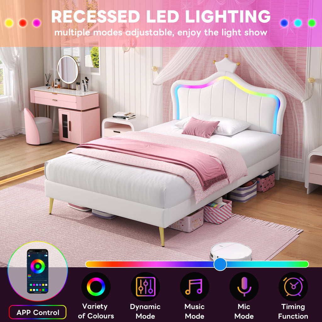 3ft Single Upholstered Bed with LED Adjustable Crown Shape Headboard, PU Leather Bed Frame with Solid Wood Slat, No Box Spring Needed, Easy Assembly, Cream White (No Mattress)