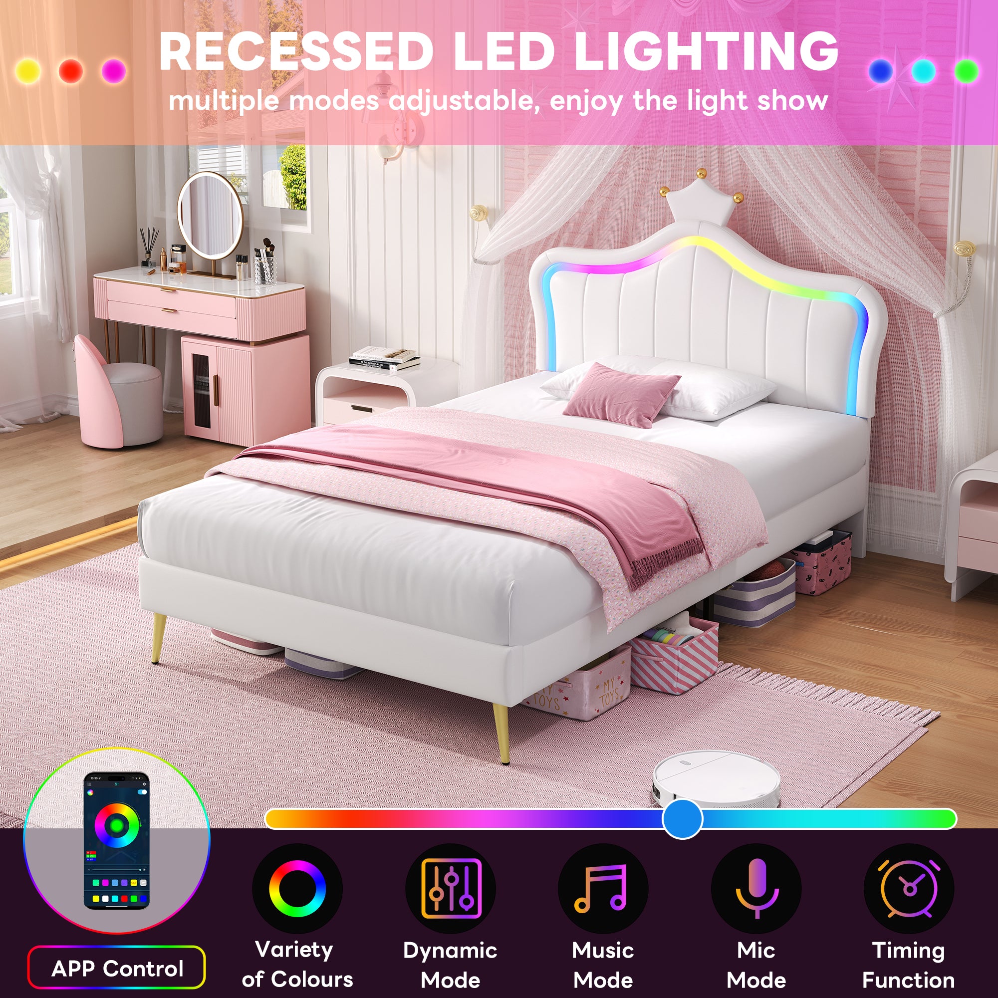 3ft Single Upholstered Bed with LED Adjustable Crown Shape Headboard, PU Leather Bed Frame with Solid Wood Slat, No Box Spring Needed, Easy Assembly, Cream White (No Mattress)