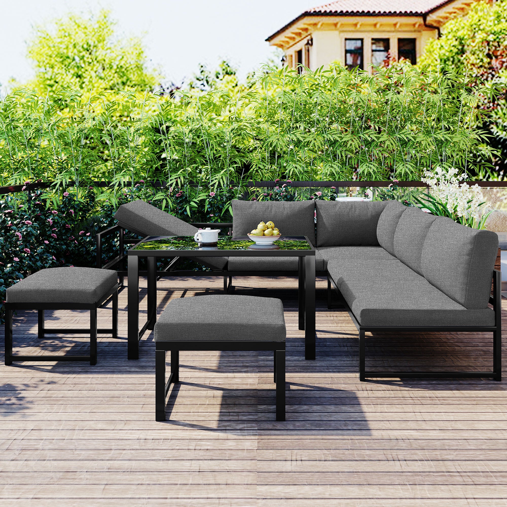 Outdoor Garden Lounge Sofa Seating Set, Garden Balcony Furniture with Reclining Function, Backrest Adjustable in Four Directions, Includes All Soft Seat Cushions and Backrest, Grey
