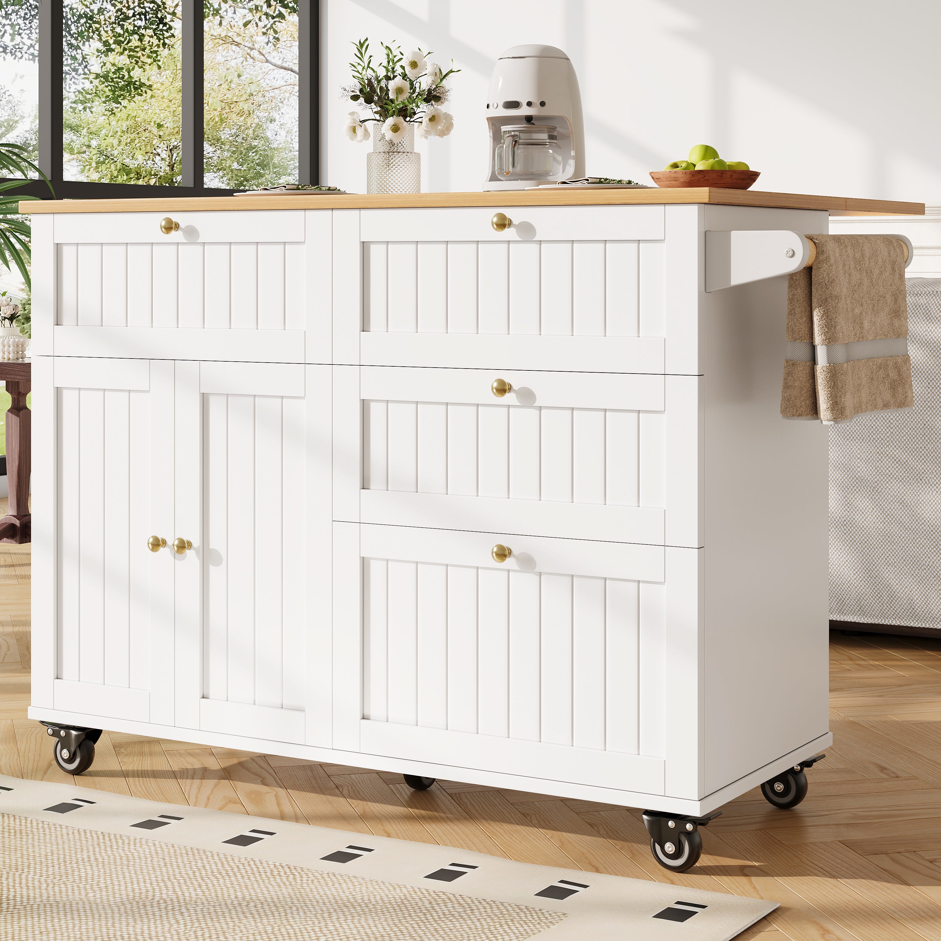 Rolling Mobile Kitchen Island, Table on Wheels with Drawer and Storage Cabinet, Portable Kitchen Island Cart with Drop Leaf, Breakfast Bar, Towel Rack, White
